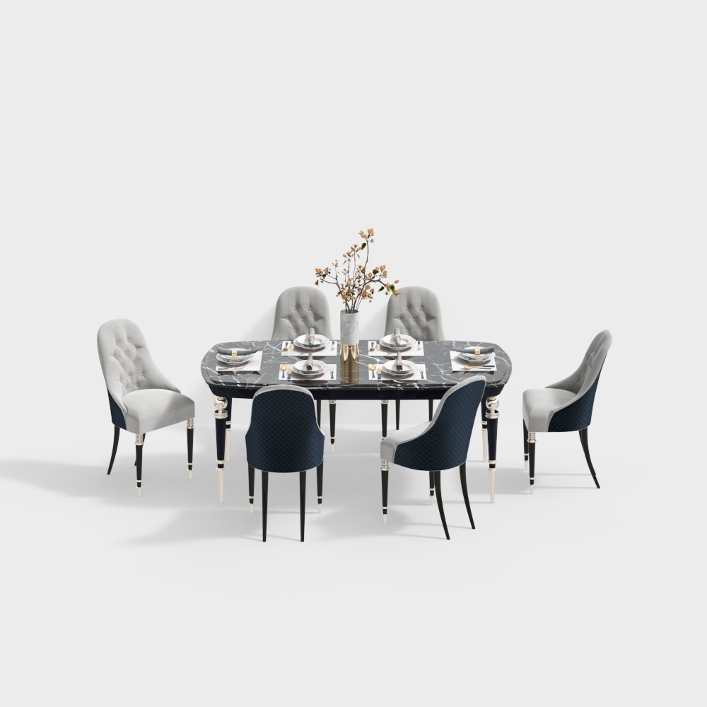 美式餐厅-大理石长餐桌3D模型