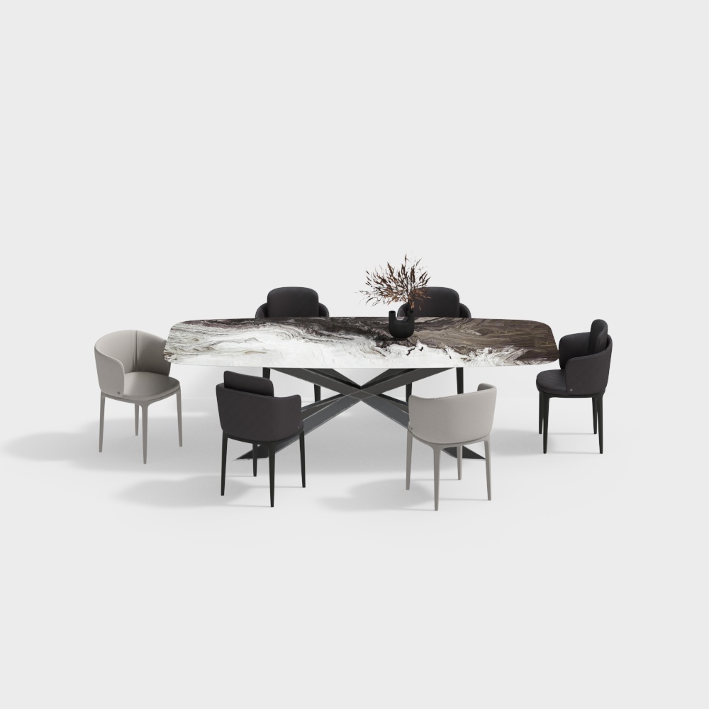 现代餐厅-大理石餐桌椅组合3D模型