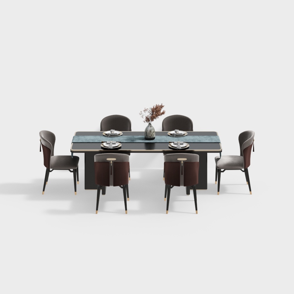 新中式餐厅-黑餐桌椅组合3D模型