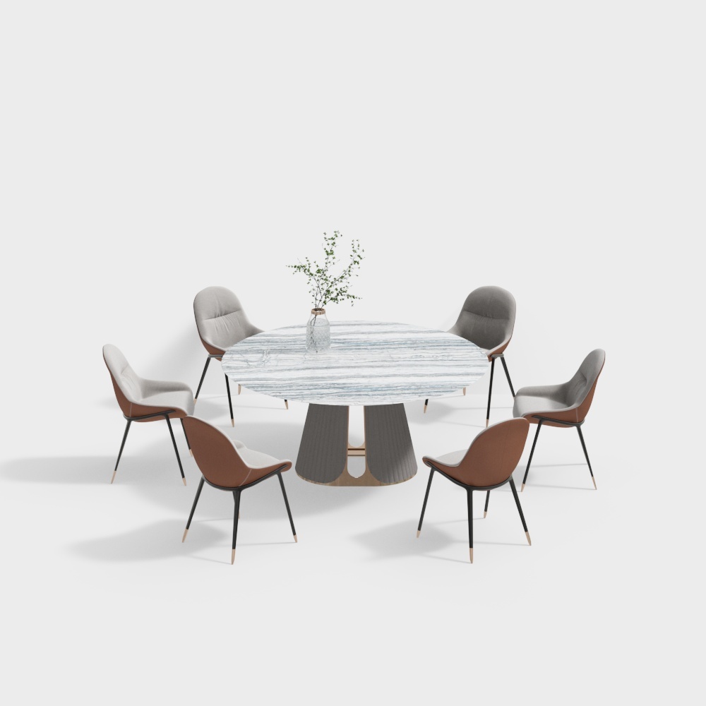 现代轻奢餐厅圆桌组合-大理石圆餐桌椅组合