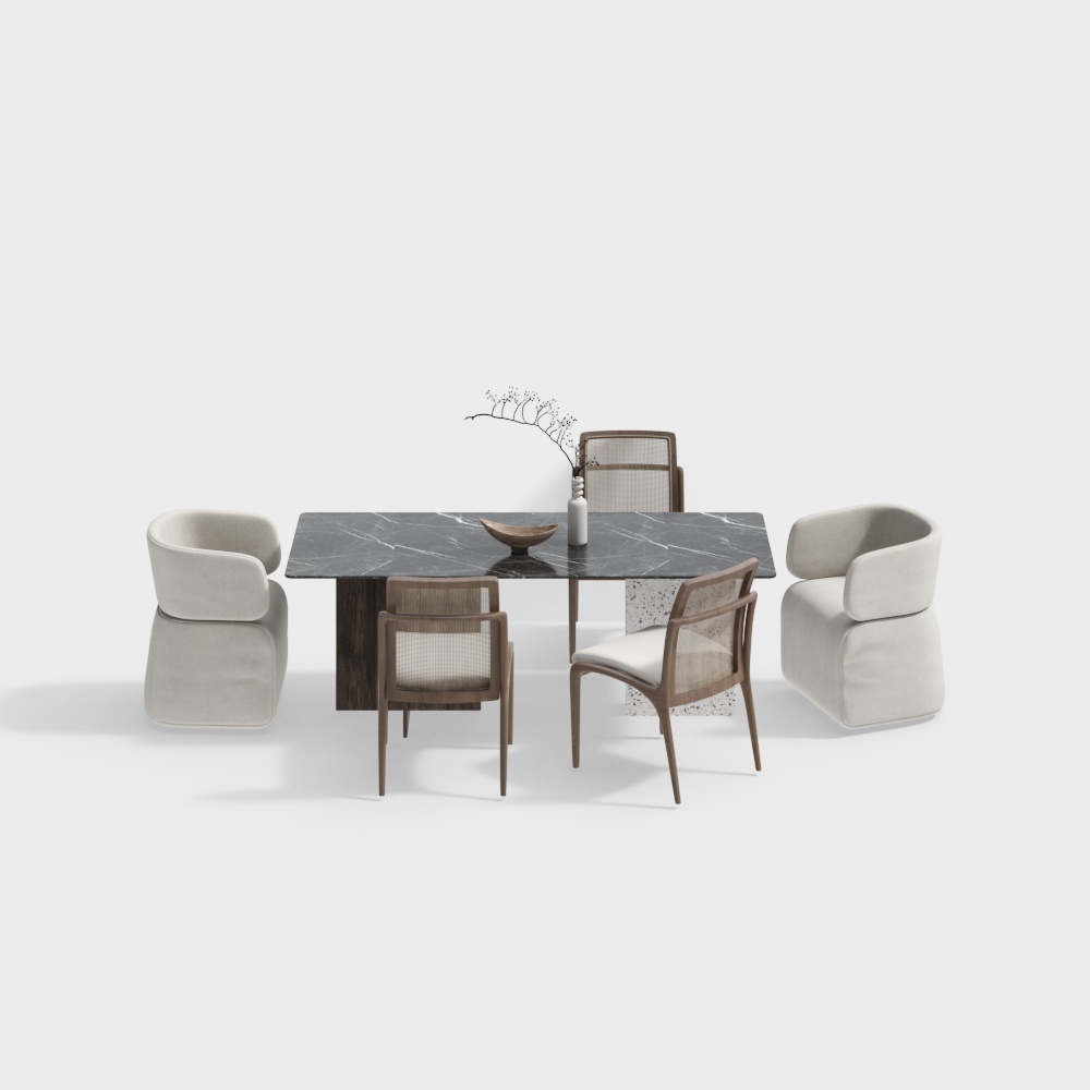 侘寂风餐厅-大理石灰餐桌3D模型