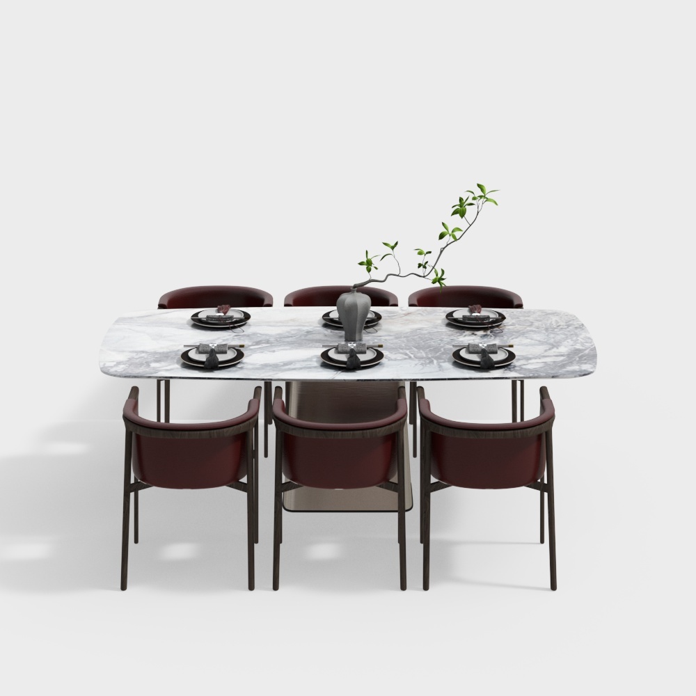 新中式餐厅-大理石方餐桌椅组合3D模型
