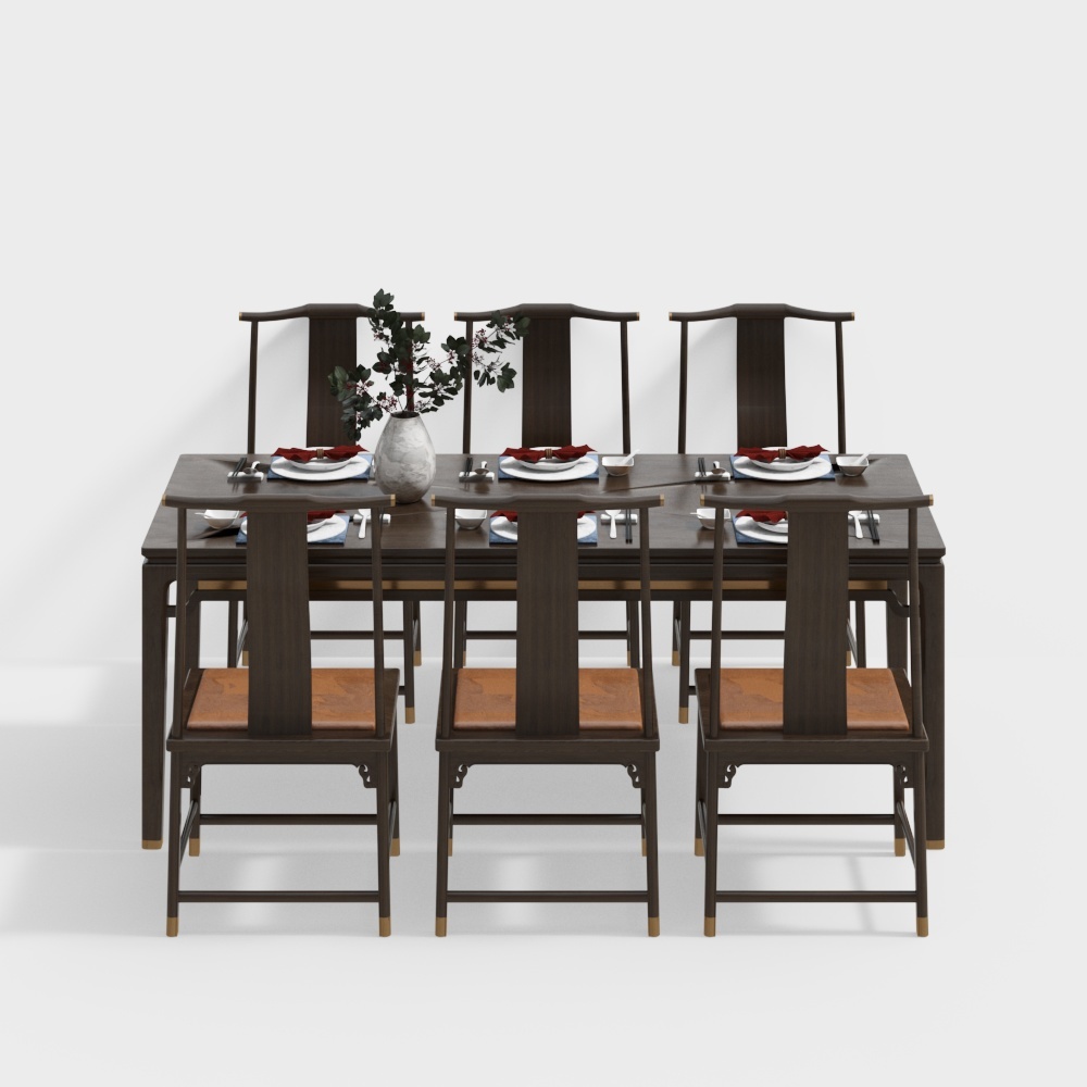 新中式餐厅-长餐桌椅组合3D模型
