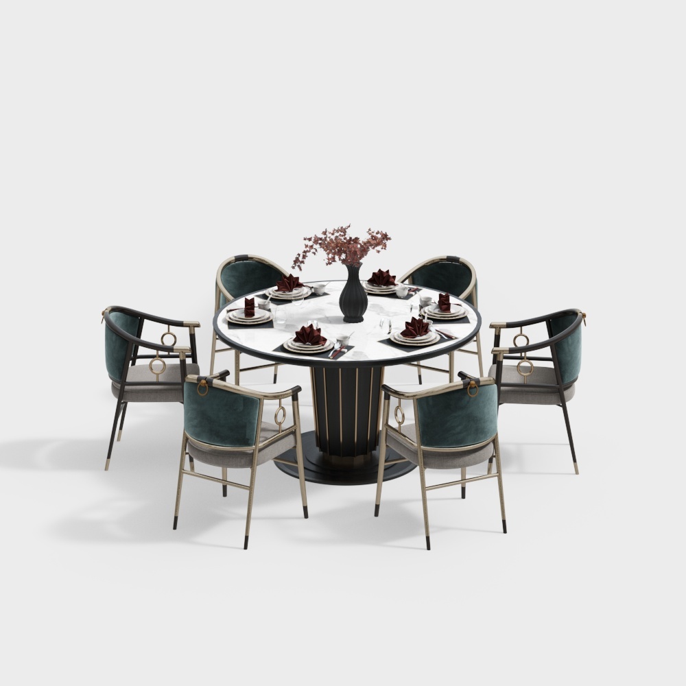 新中式餐厅-圆盘餐桌椅组合3D模型