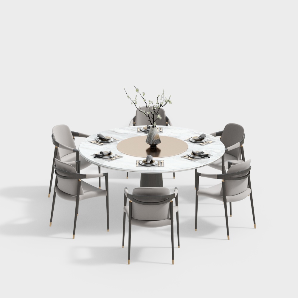 新中式餐厅-圆餐桌椅组合3D模型