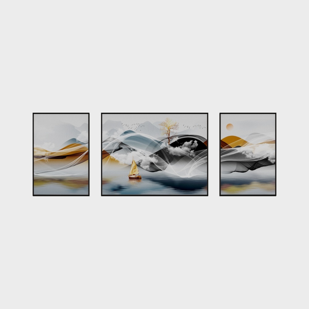 龙匠饰家-新中式风格-2+1组合装饰画3D模型