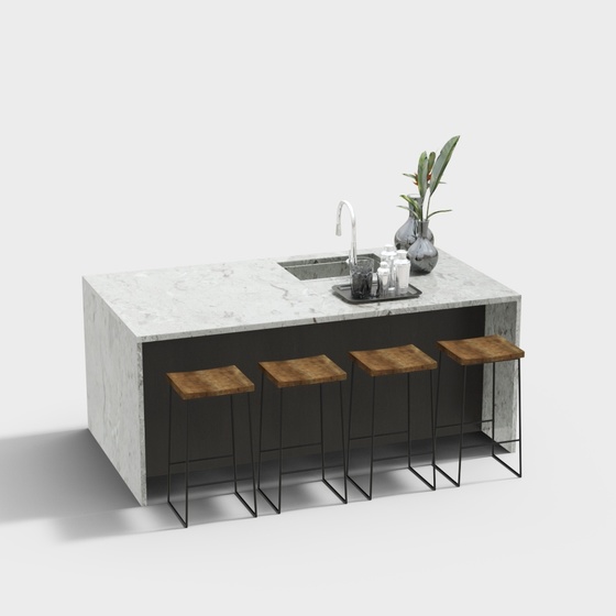 Modern Open Kitchen Island 3D Model in Black