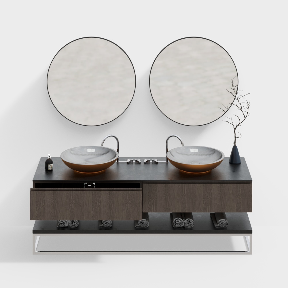 现代洗手台洗脸盆组合圆镜