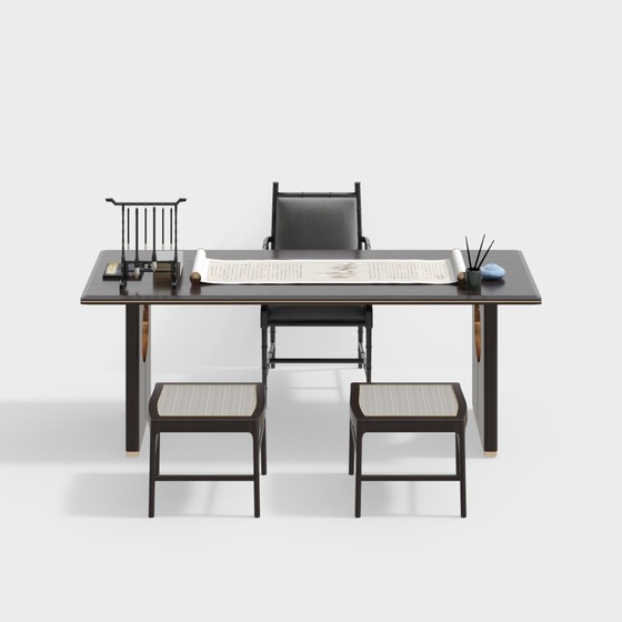 New Chinese Wooden Desk and Chair Combination 3D Model