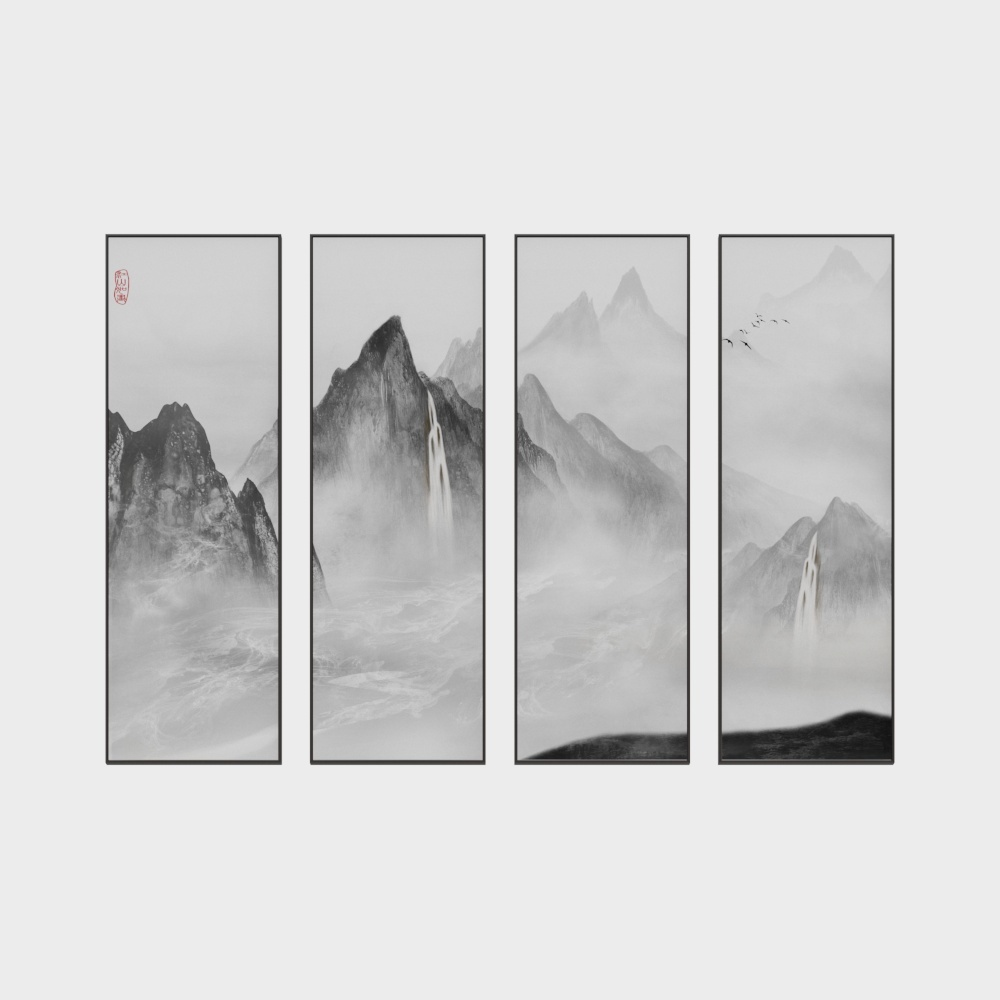 中式四联-禅意山水水墨