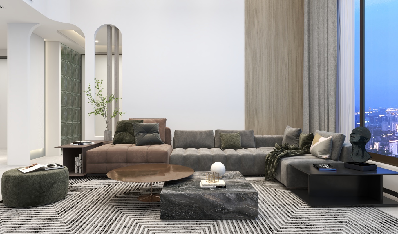 这是一张现代风格的客厅装修效果，客厅的墙面是白色的，地面铺着黑色白色的几何地毯。客厅的家具摆放整齐，灰色的沙发搭配绿色和棕色的抱枕，沙发旁边摆放着一个黄灰色的咖啡桌。沙发的右边是一张黑色的茶几，茶几上有一个绿色的抱枕。沙发的前面是一张灰色的沙发，沙发上放着一条灰色的毯子。沙发的背景是一面大窗户，可以看到夜晚的城市景色。窗户的左边有一个拱形的走廊，走廊的墙面是墨绿色的，地面铺着黑色的大理石。走廊的尽头连接着一个浴室。浴室的墙面是白色的，地面铺着灰色的大理石，淋浴区有白色的大理石台，台上放着一个黑色的花洒。