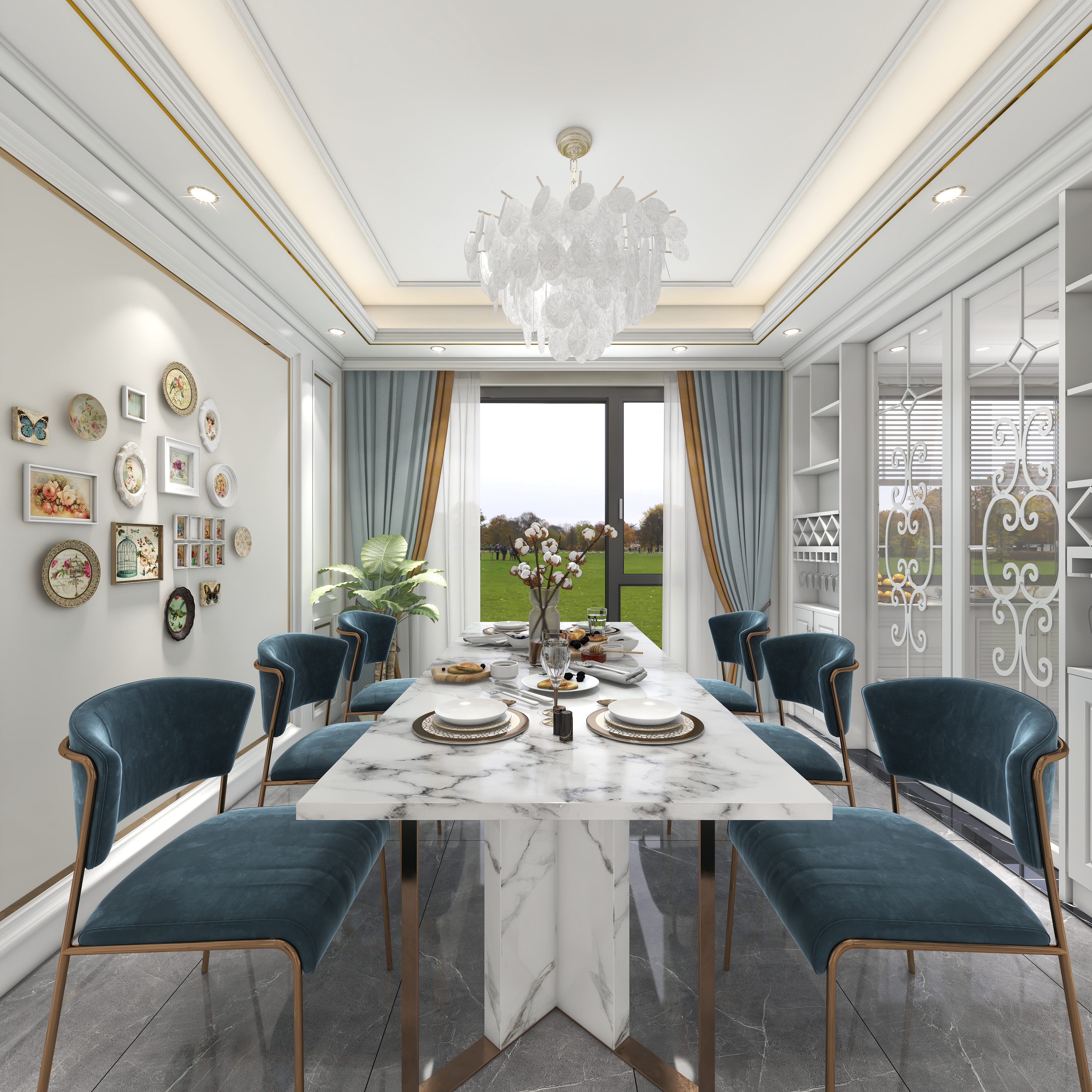 北宸空間設計-极米光影-392平三层别墅-美式轻奢一层餐厅装修效果图第4张