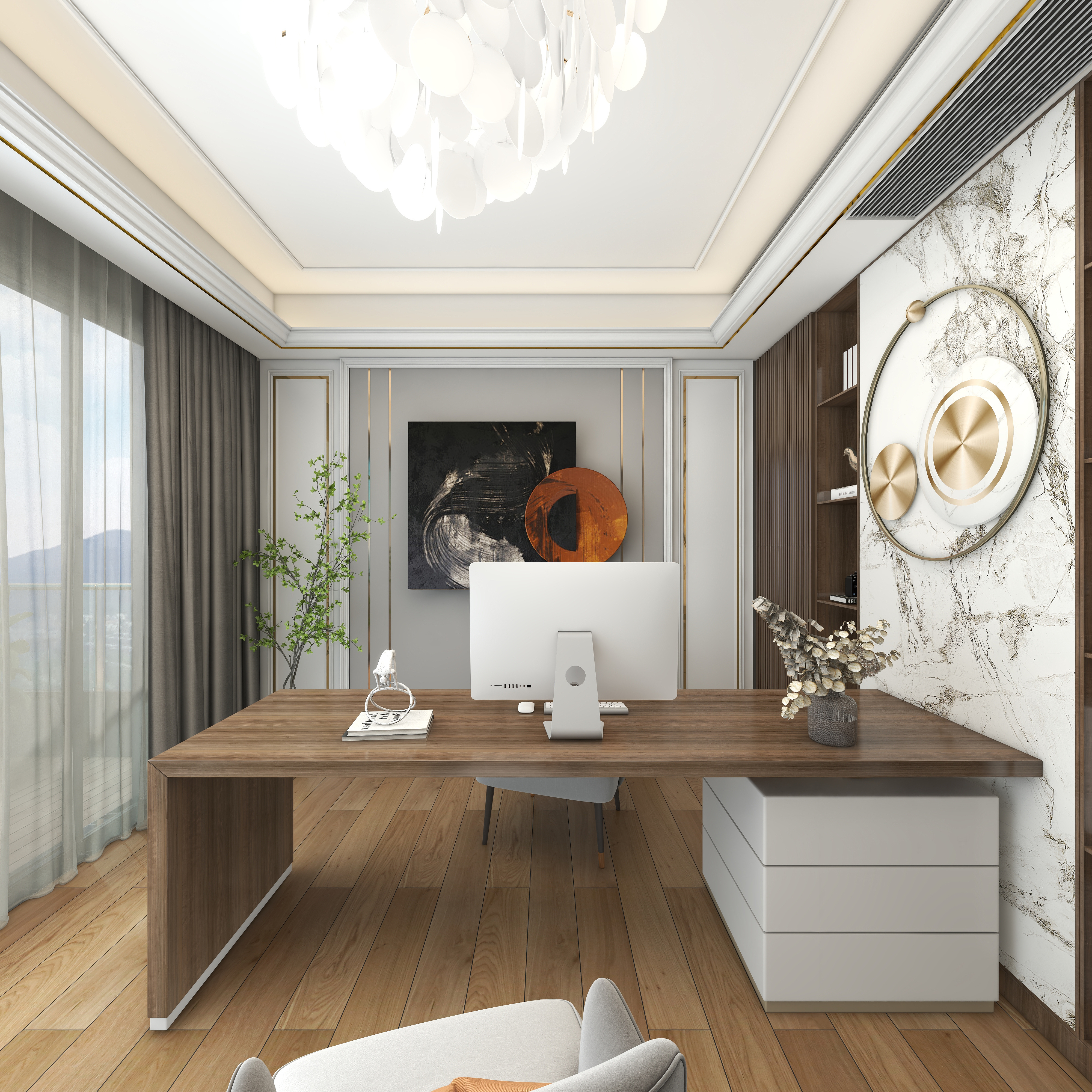 北宸空間設計-极米光影-392平三层别墅-美式轻奢二层书房装修效果图第4张