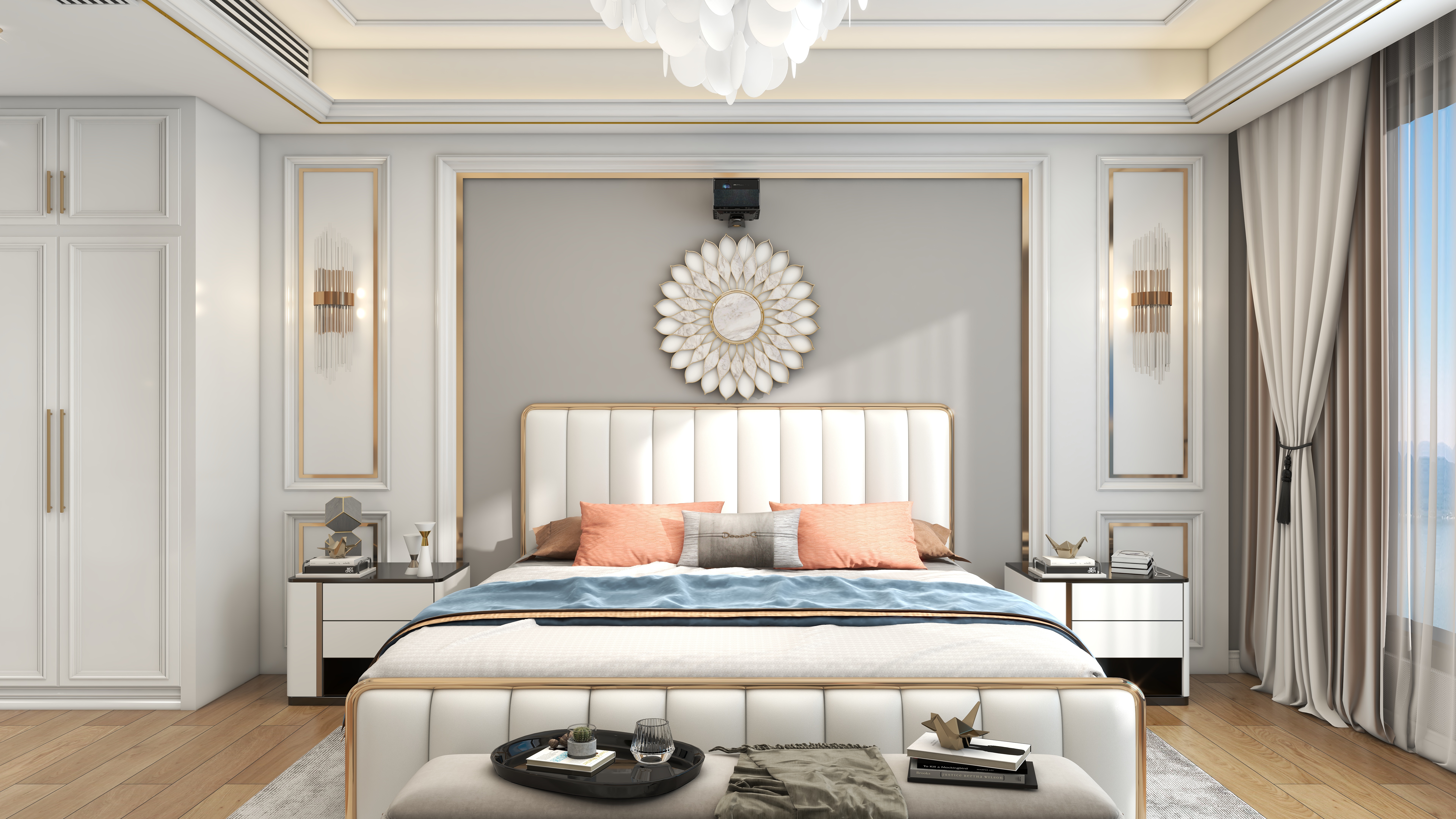 北宸空間設計-极米光影-392平三层别墅-美式轻奢二层主卧装修效果图第2张