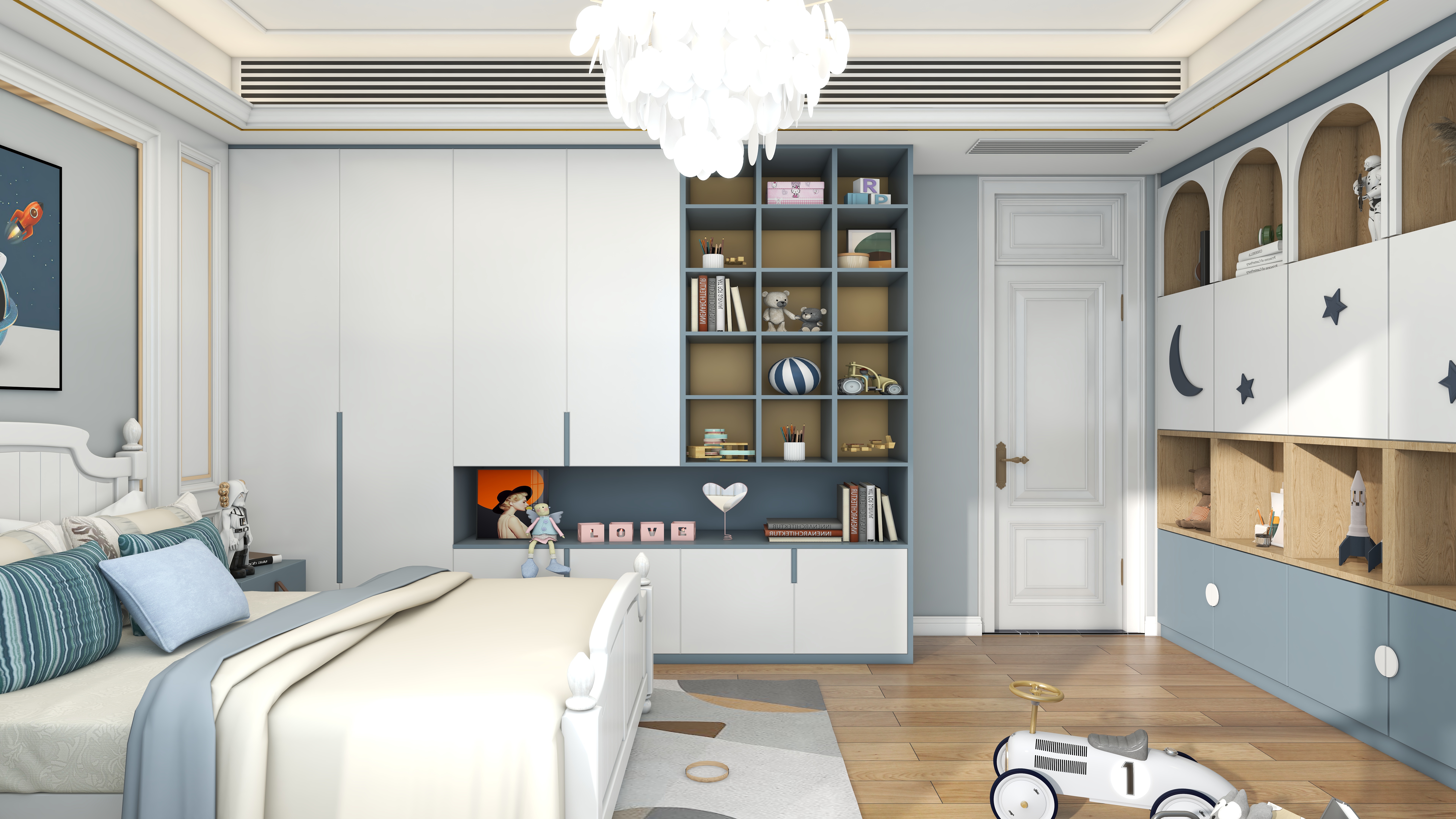 北宸空間設計-极米光影-392平三层别墅-美式轻奢三层男孩房装修效果图第1张