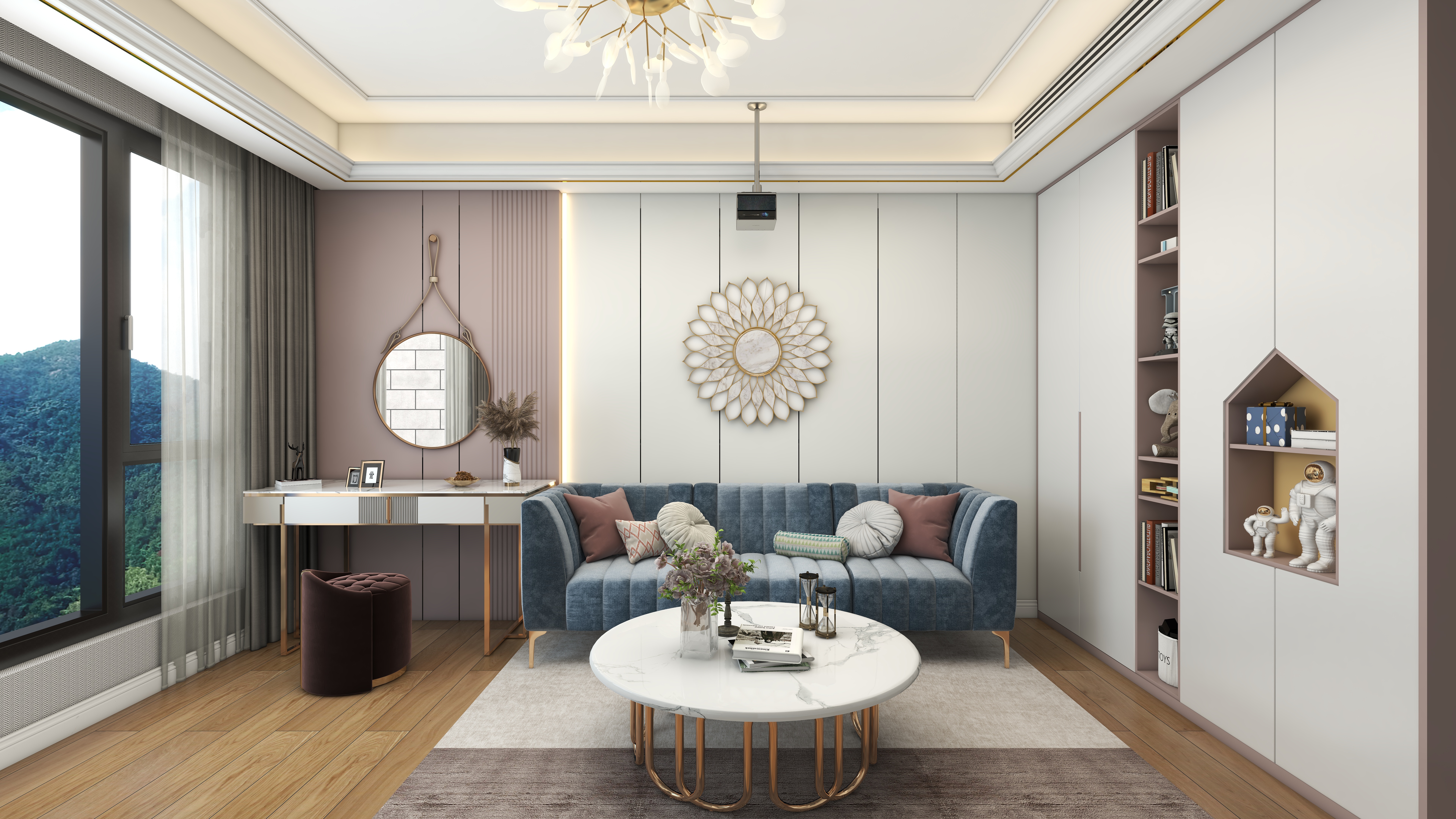 北宸空間設計-极米光影-392平三层别墅-美式轻奢三层公主房起居室装修效果图第1张