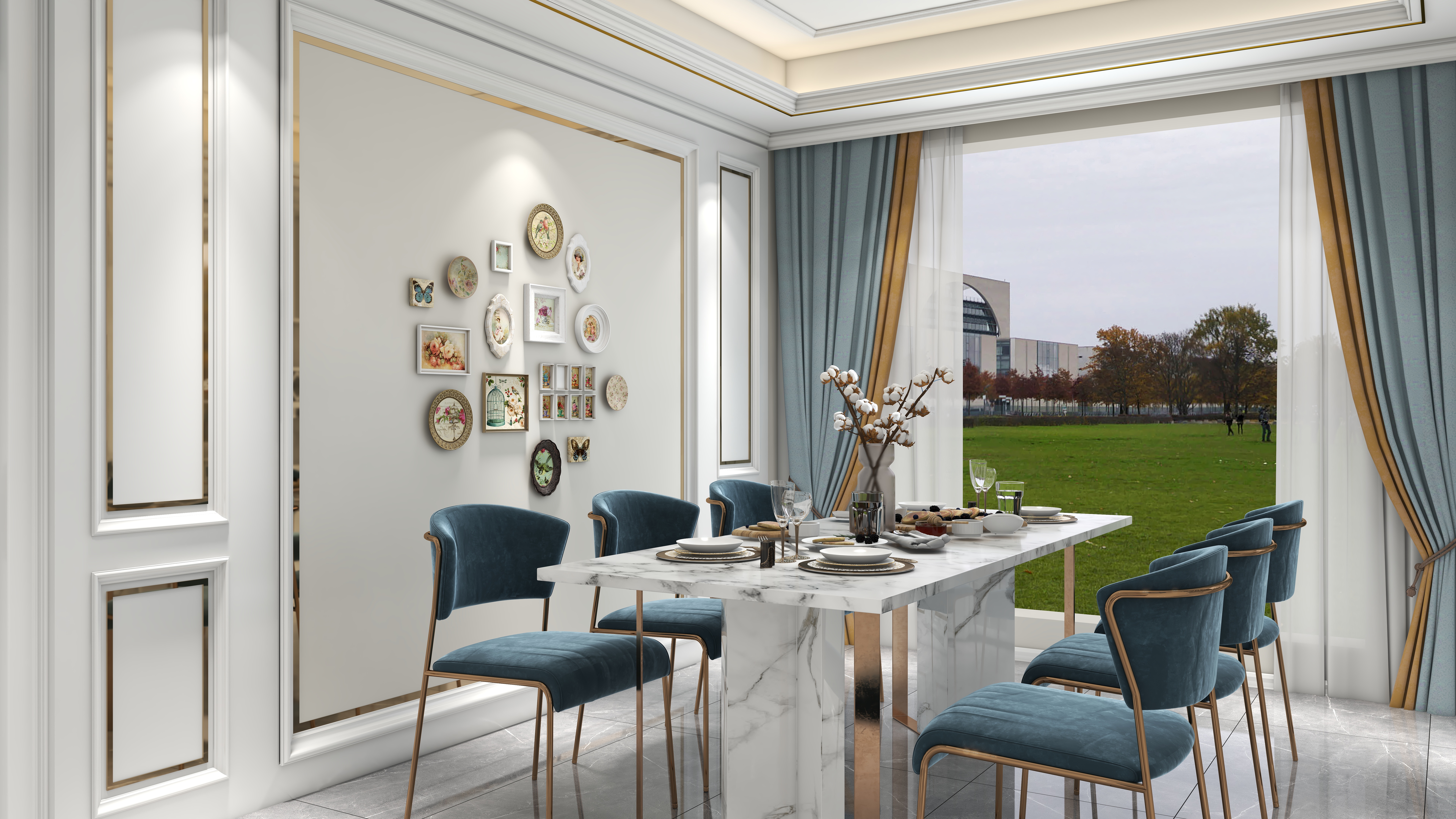 北宸空間設計-极米光影-392平三层别墅-美式轻奢一层餐厅装修效果图第3张