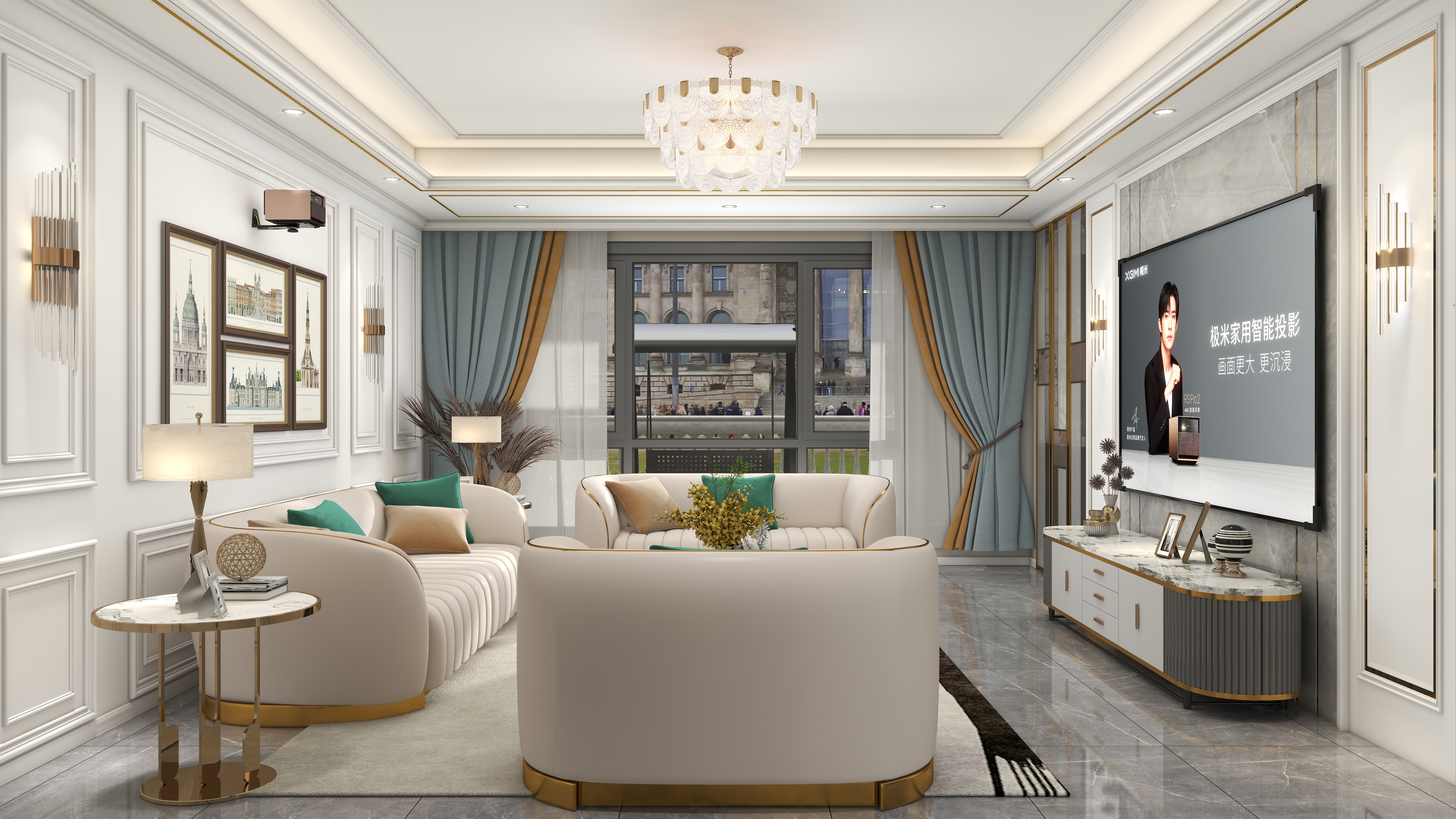 北宸空間設計-极米光影-392平三层别墅-美式轻奢一层客厅装修效果图第2张