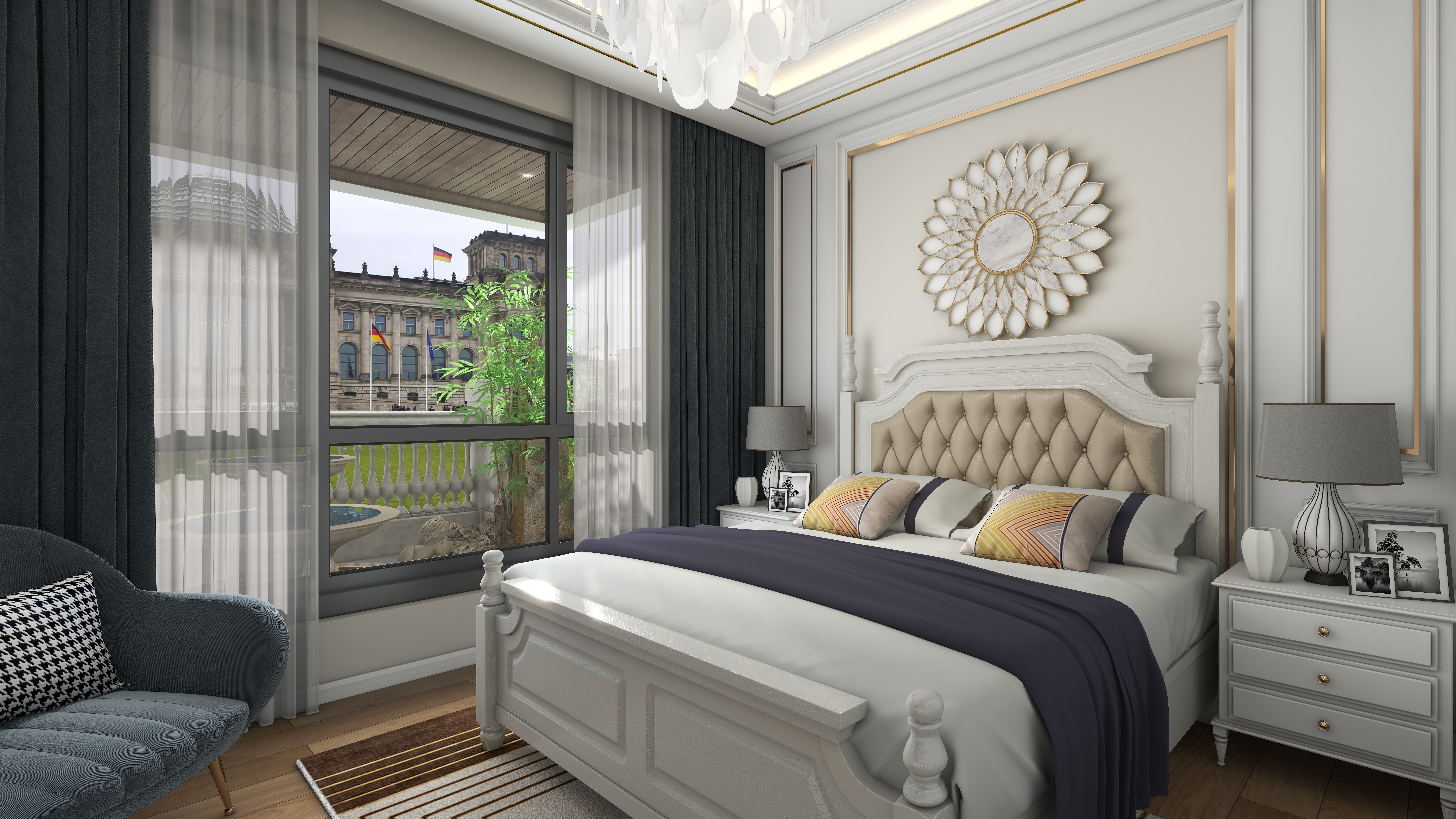 北宸空間設計-极米光影-392平三层别墅-美式轻奢一层客卧装修效果图第1张