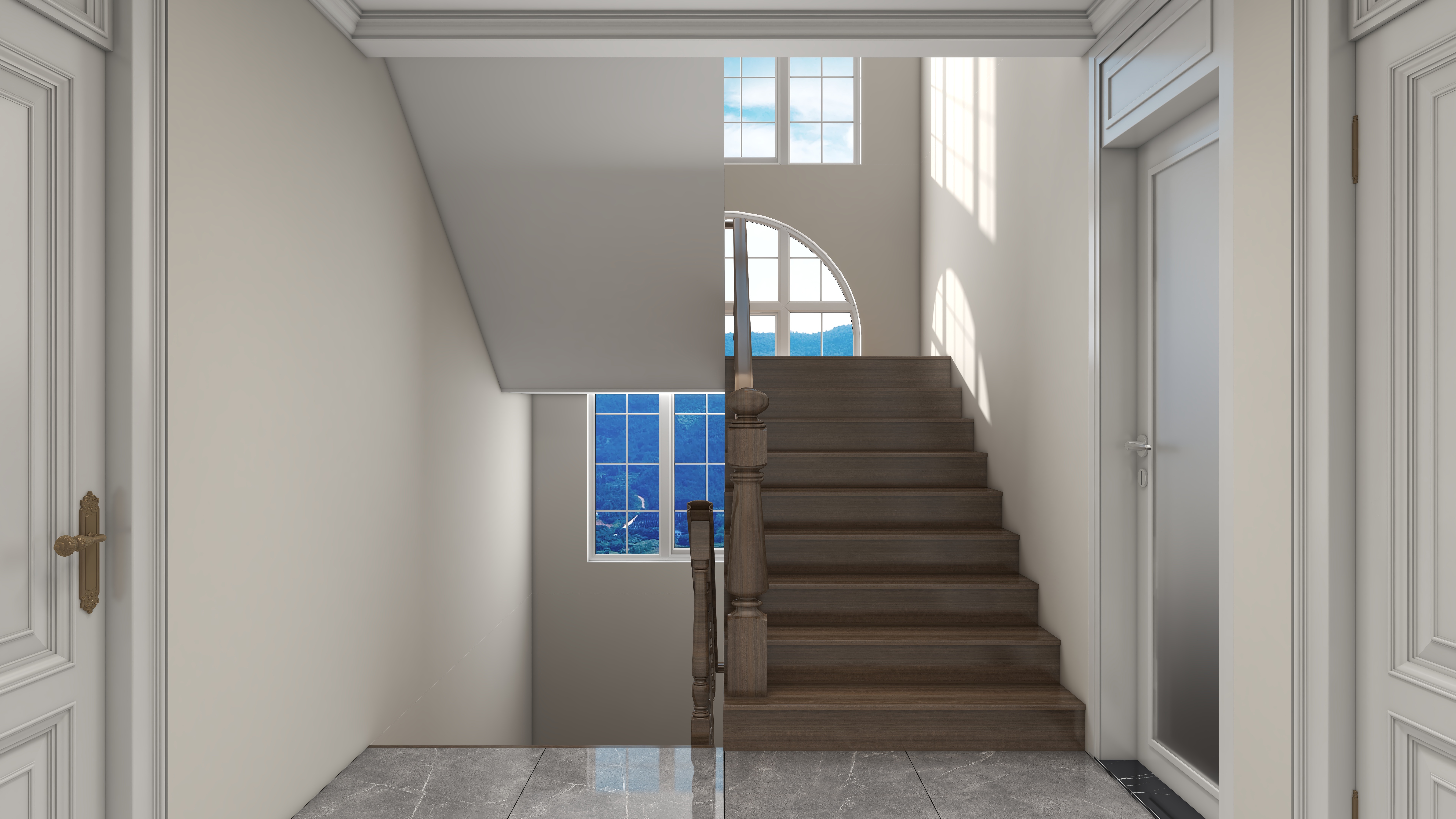 北宸空間設計-极米光影-392平三层别墅-美式轻奢二层二楼走廊装修效果图第1张