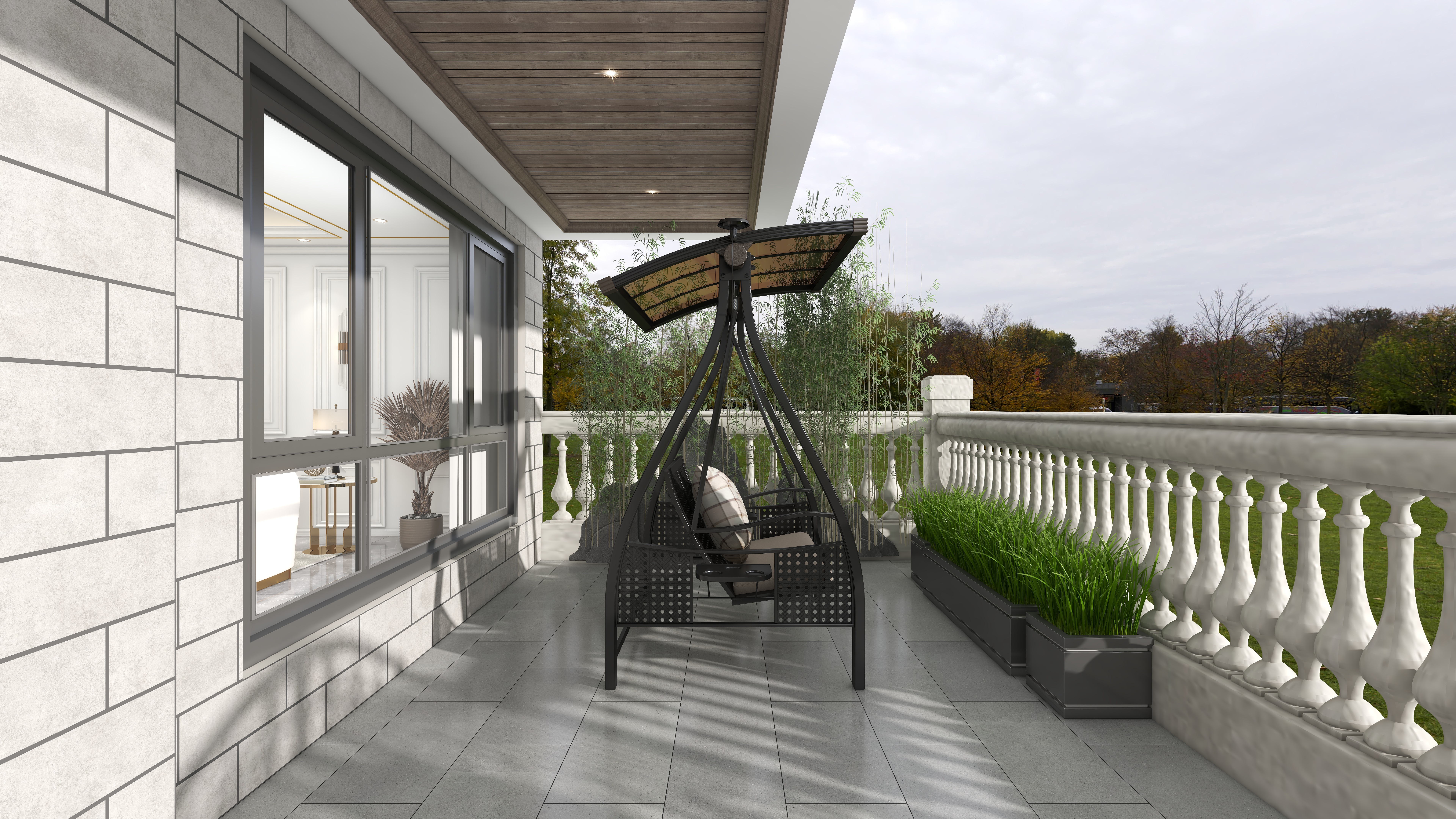 北宸空間設計-极米光影-392平三层别墅-美式轻奢一层庭院装修效果图第2张