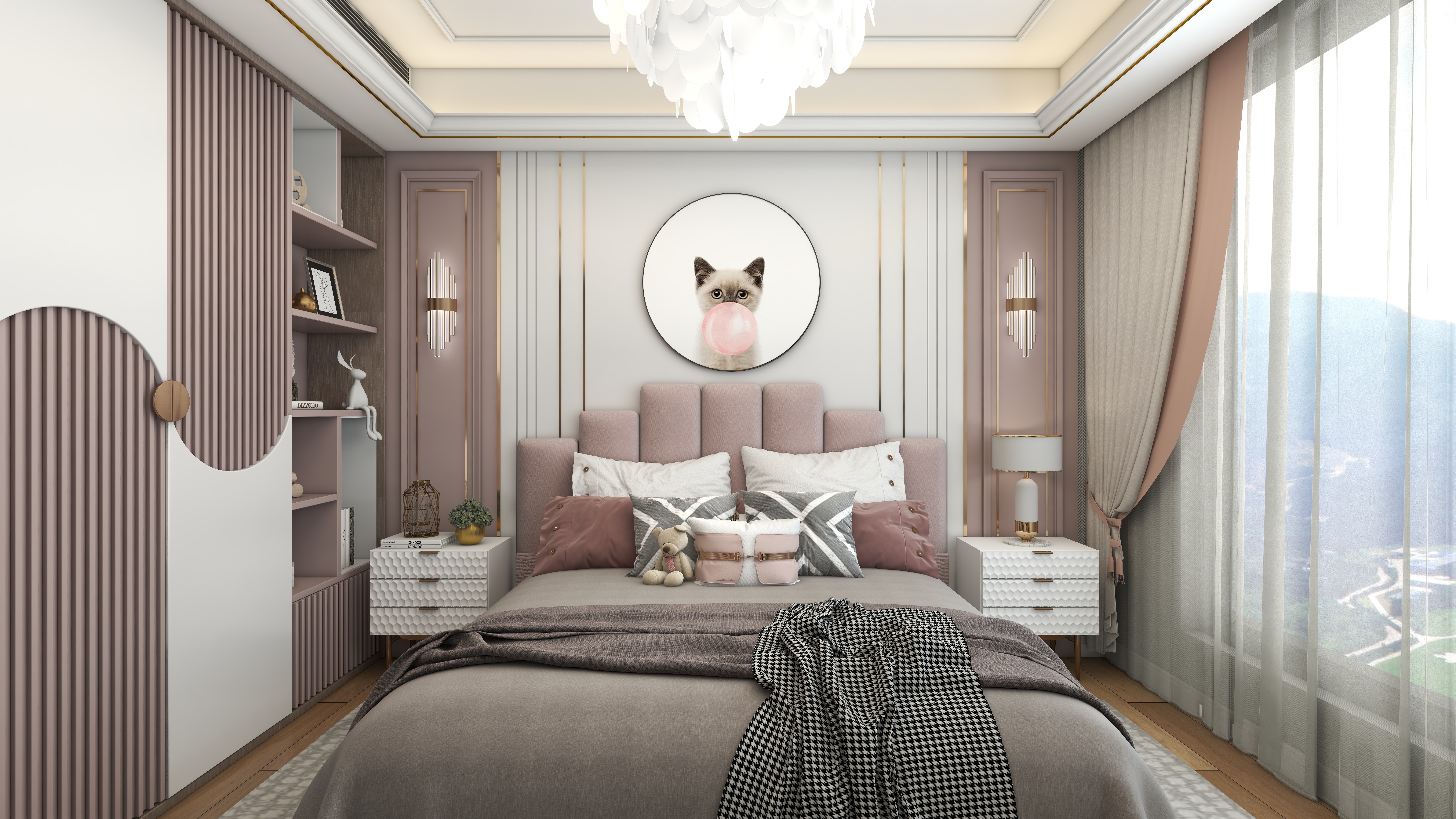 北宸空間設計-极米光影-392平三层别墅-美式轻奢三层公主房装修效果图第1张