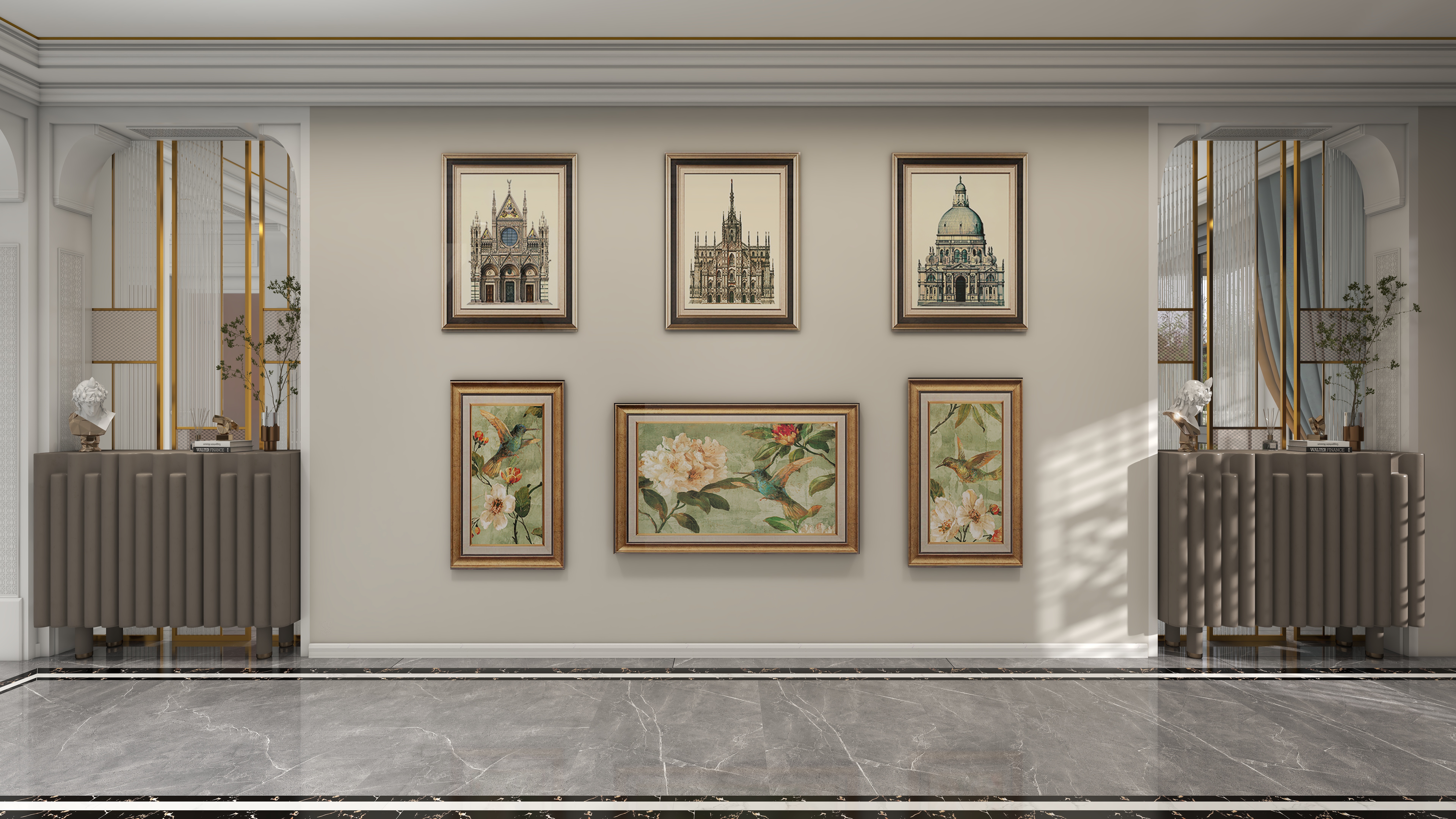 北宸空間設計-极米光影-392平三层别墅-美式轻奢一层一楼走廊装修效果图第1张