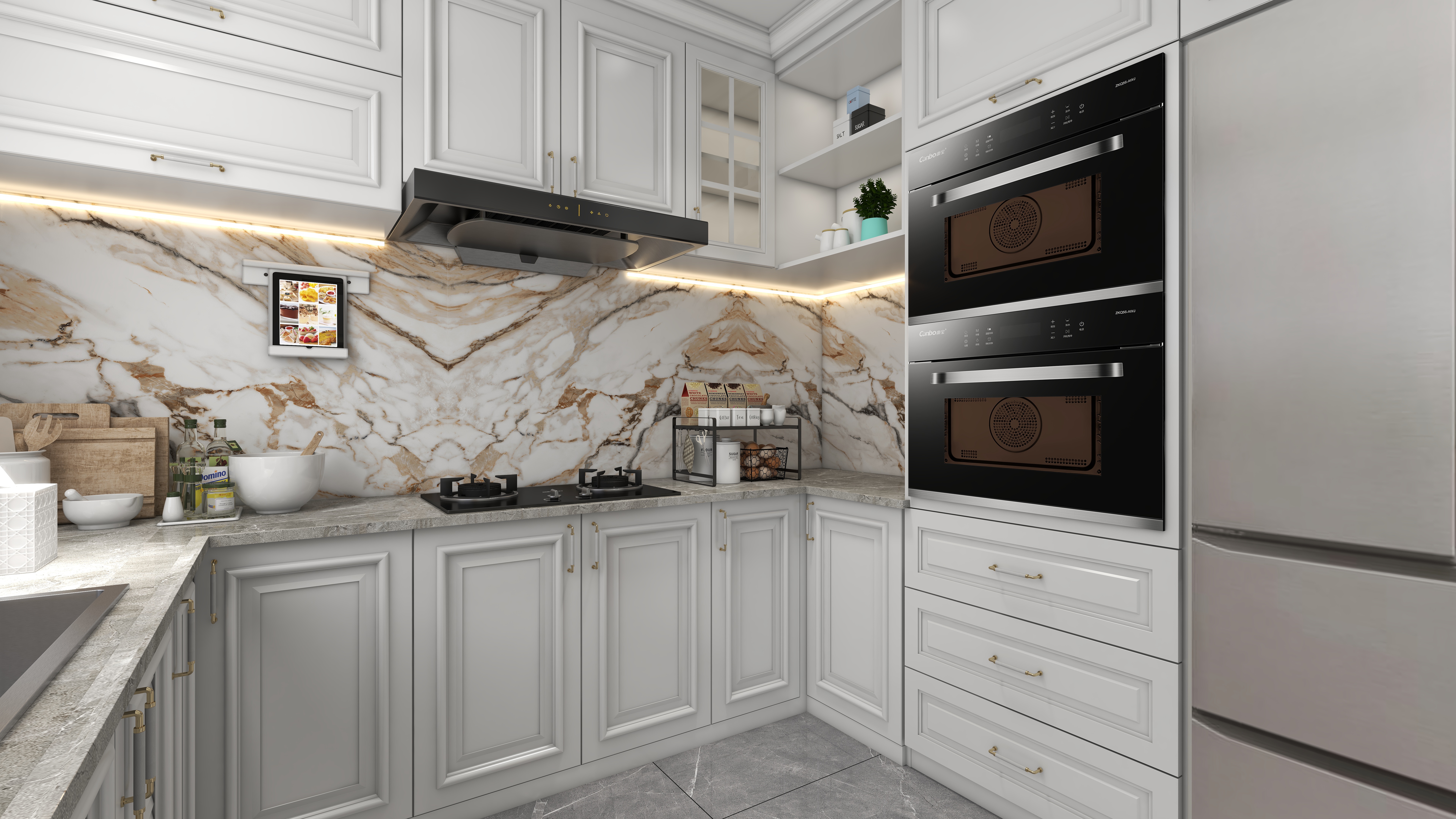 北宸空間設計-极米光影-392平三层别墅-美式轻奢一层厨房装修效果图第3张