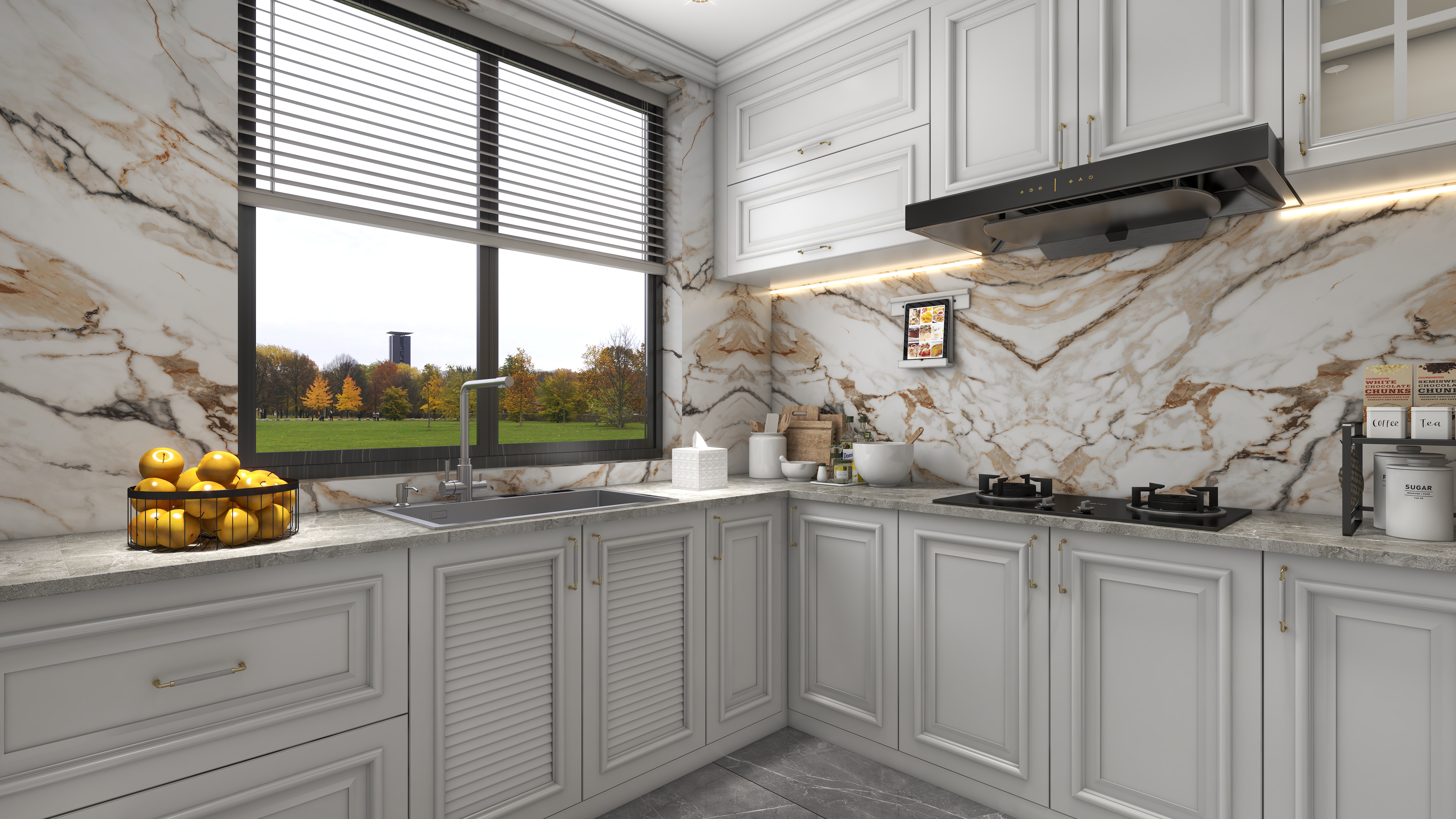 北宸空間設計-极米光影-392平三层别墅-美式轻奢一层厨房装修效果图第1张