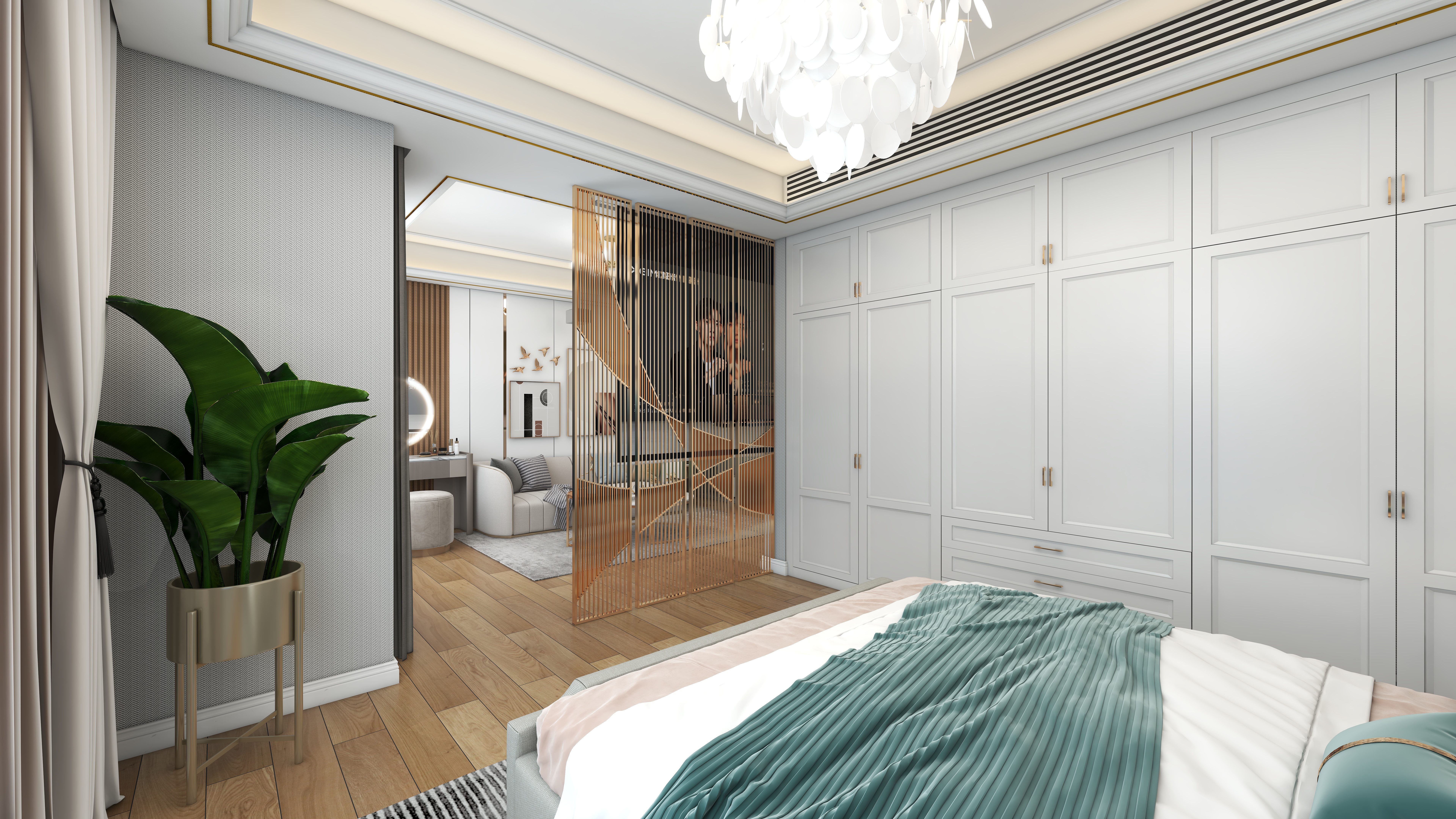 北宸空間設計-极米光影-392平三层别墅-美式轻奢二层长辈房装修效果图第1张