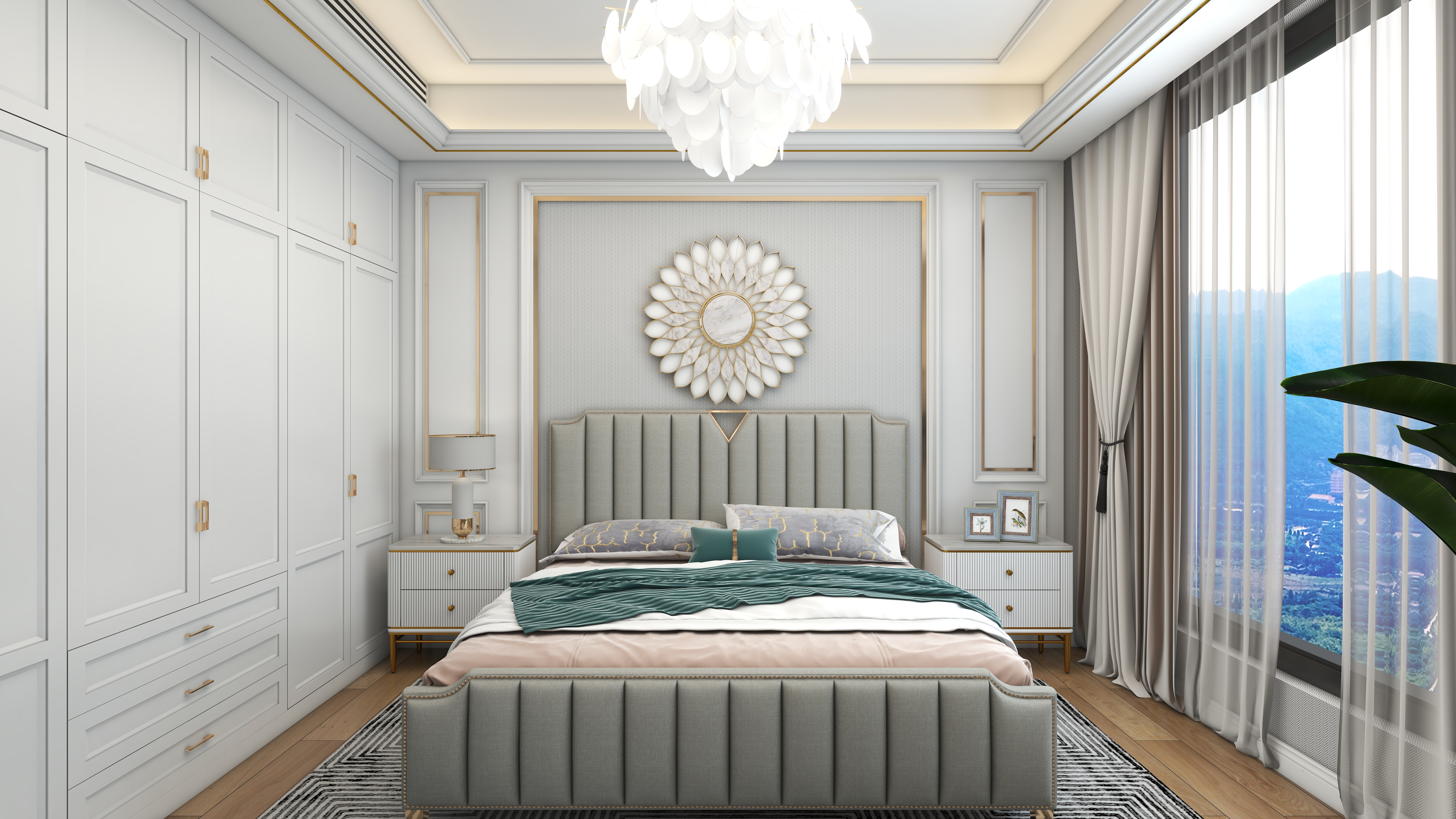 北宸空間設計-极米光影-392平三层别墅-美式轻奢二层长辈房装修效果图第3张