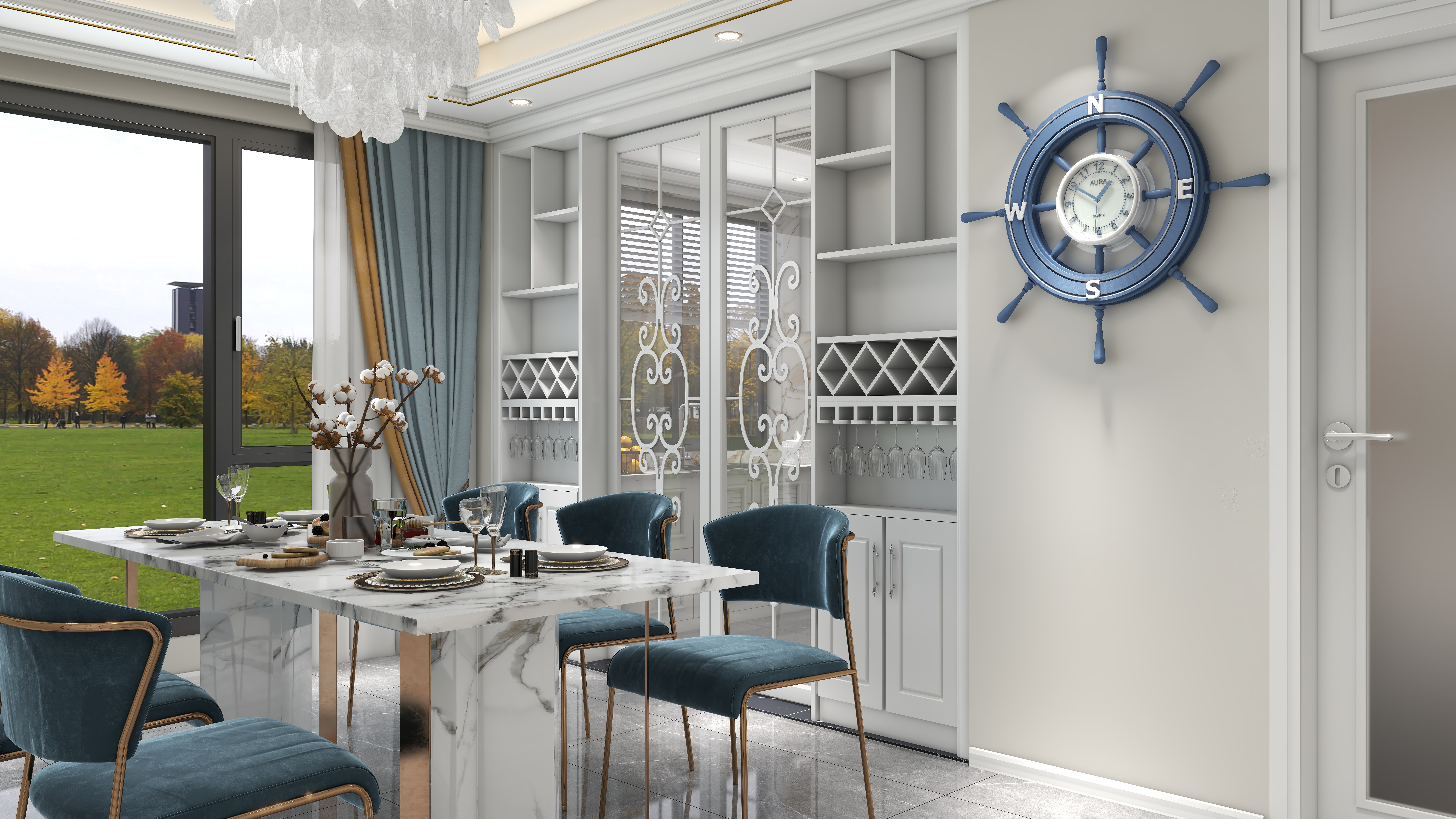 北宸空間設計-极米光影-392平三层别墅-美式轻奢一层餐厅装修效果图第2张