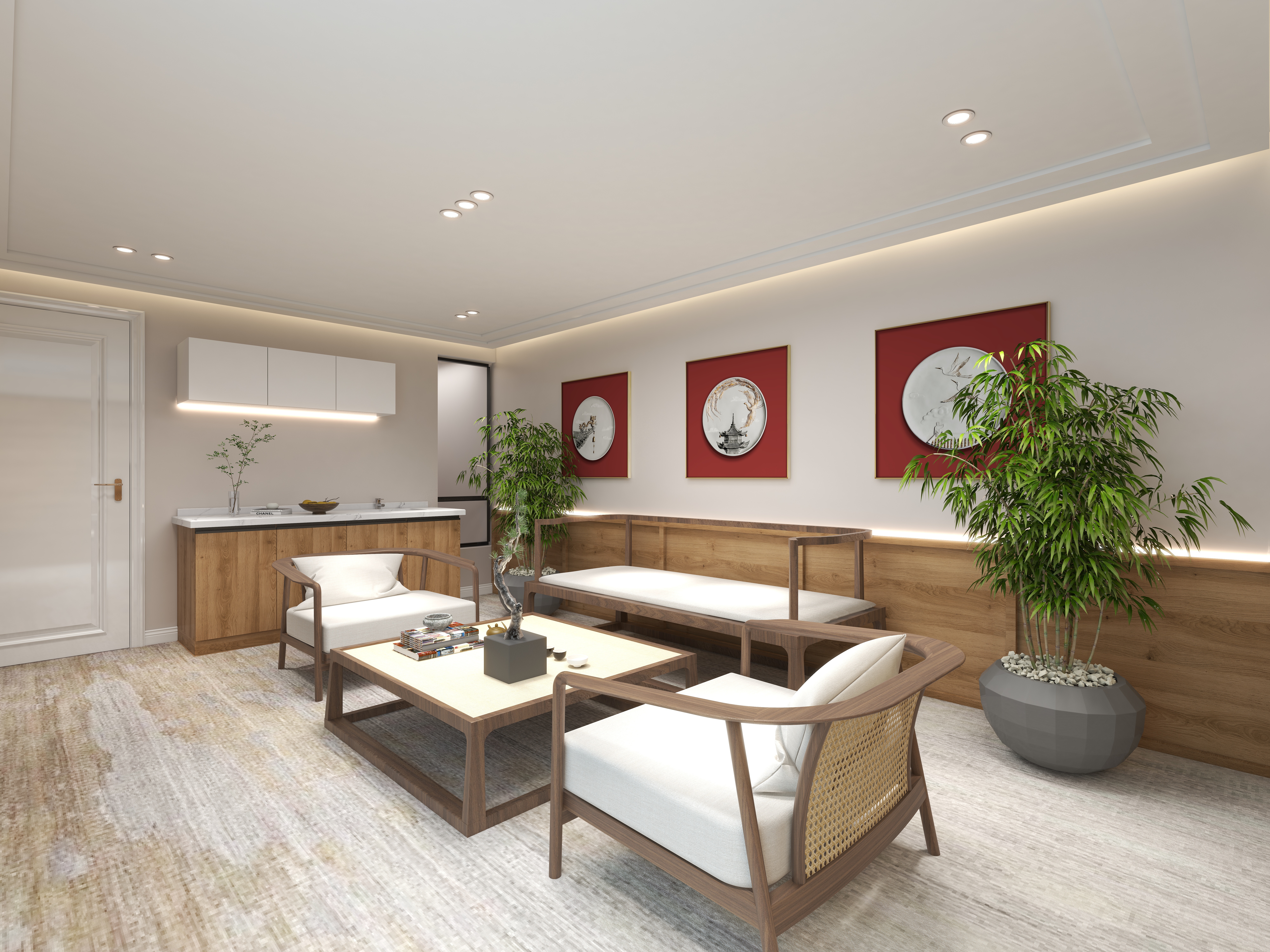 陈辉-300平方现代美式别墅地下第一层禅茶室装修效果图第4张