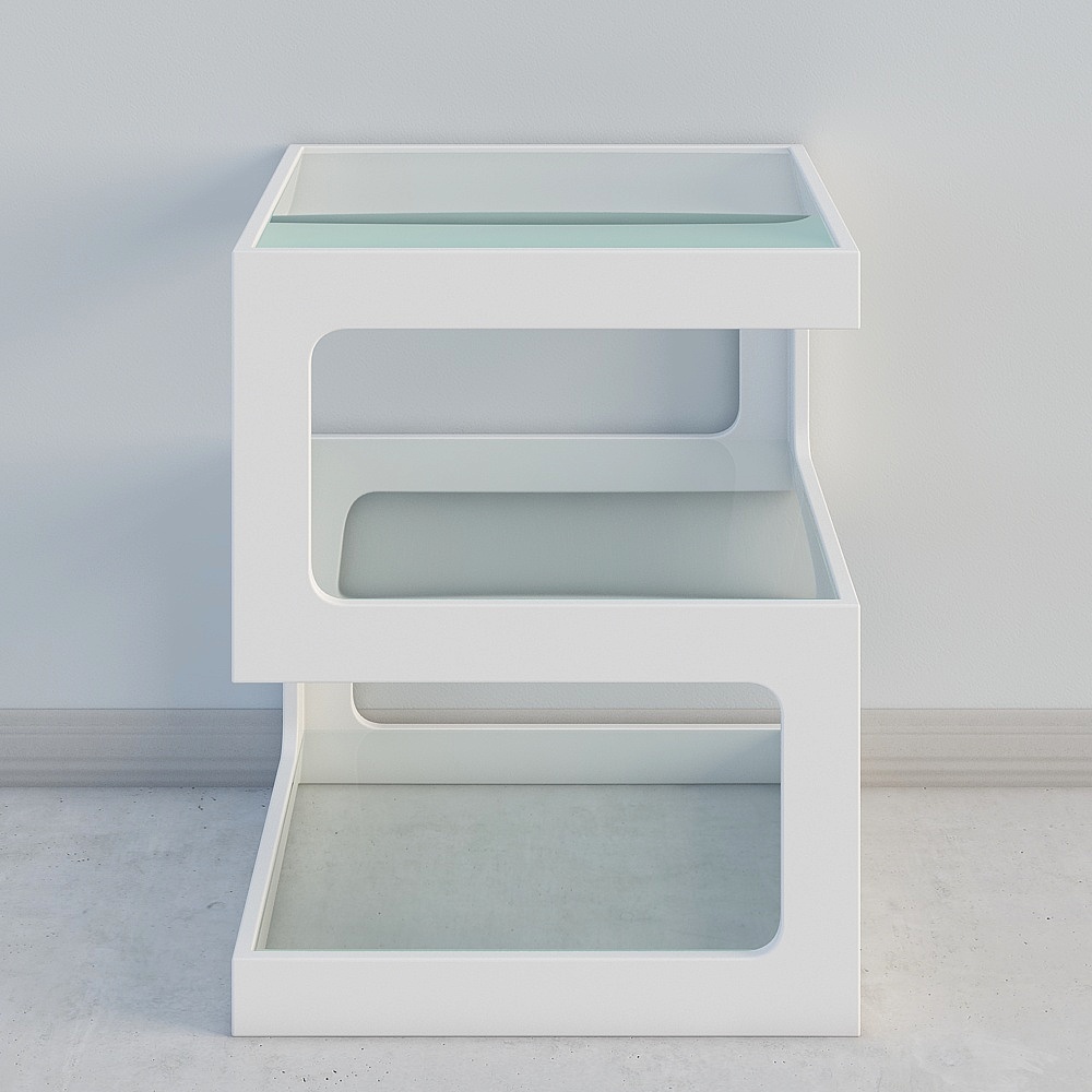 Table d'appoint moderne en verre avec table d'appoint en forme de S à 3 niveaux en blanc