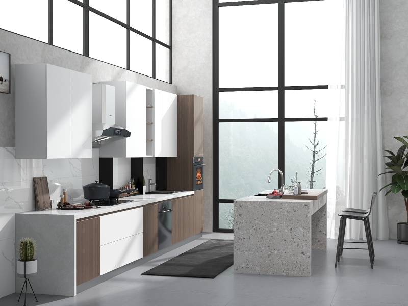 Modern Minimalist Kitchen with Gray Concrete Walls