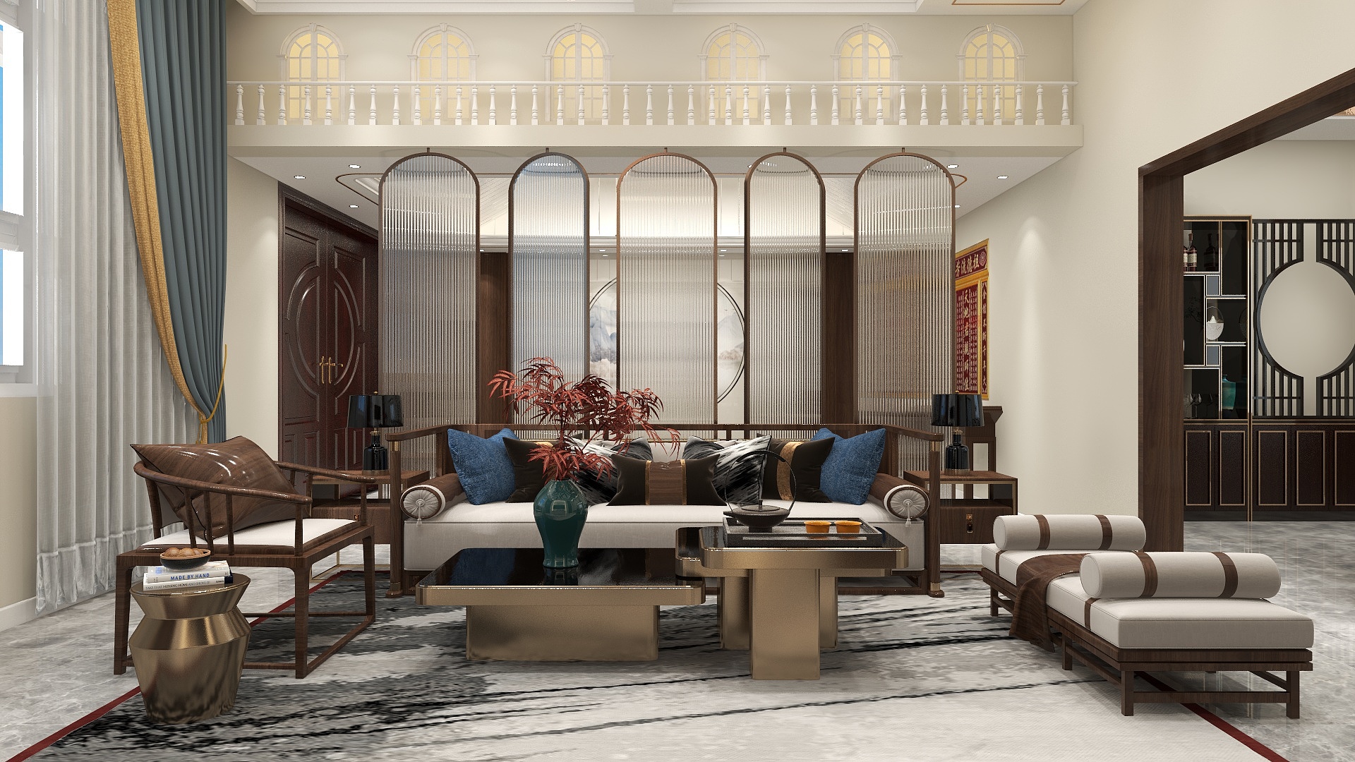 一品设计YP-新中式客餐厅装修效果图