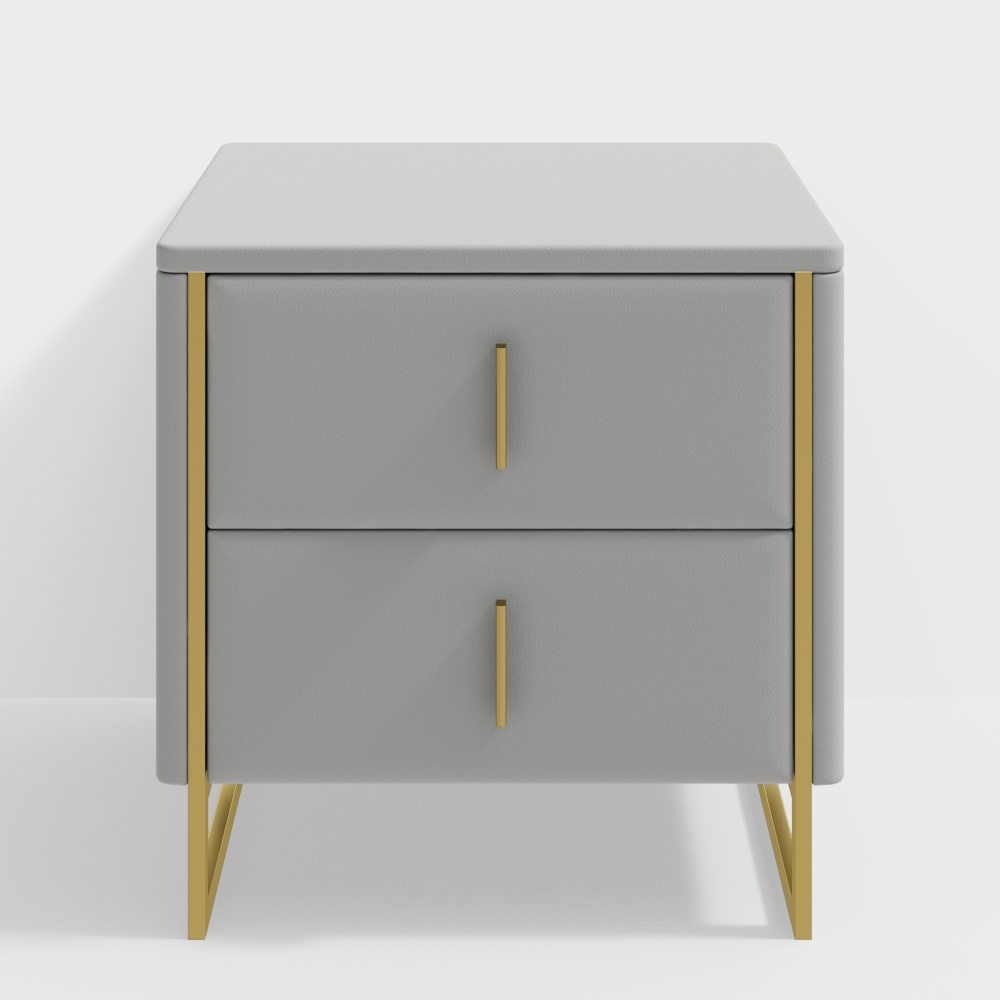 Modern Gray Nightstand 2-Drawer Faux Leather Bedside Table in Gold