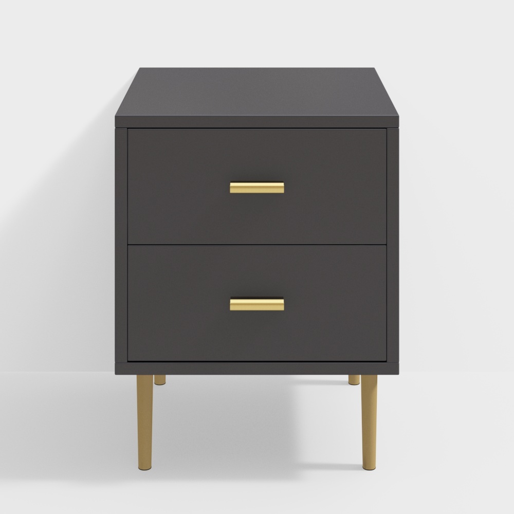 Modern Wood Nightstand with Gold Legs 2-Drawer Bedside Table in Gray