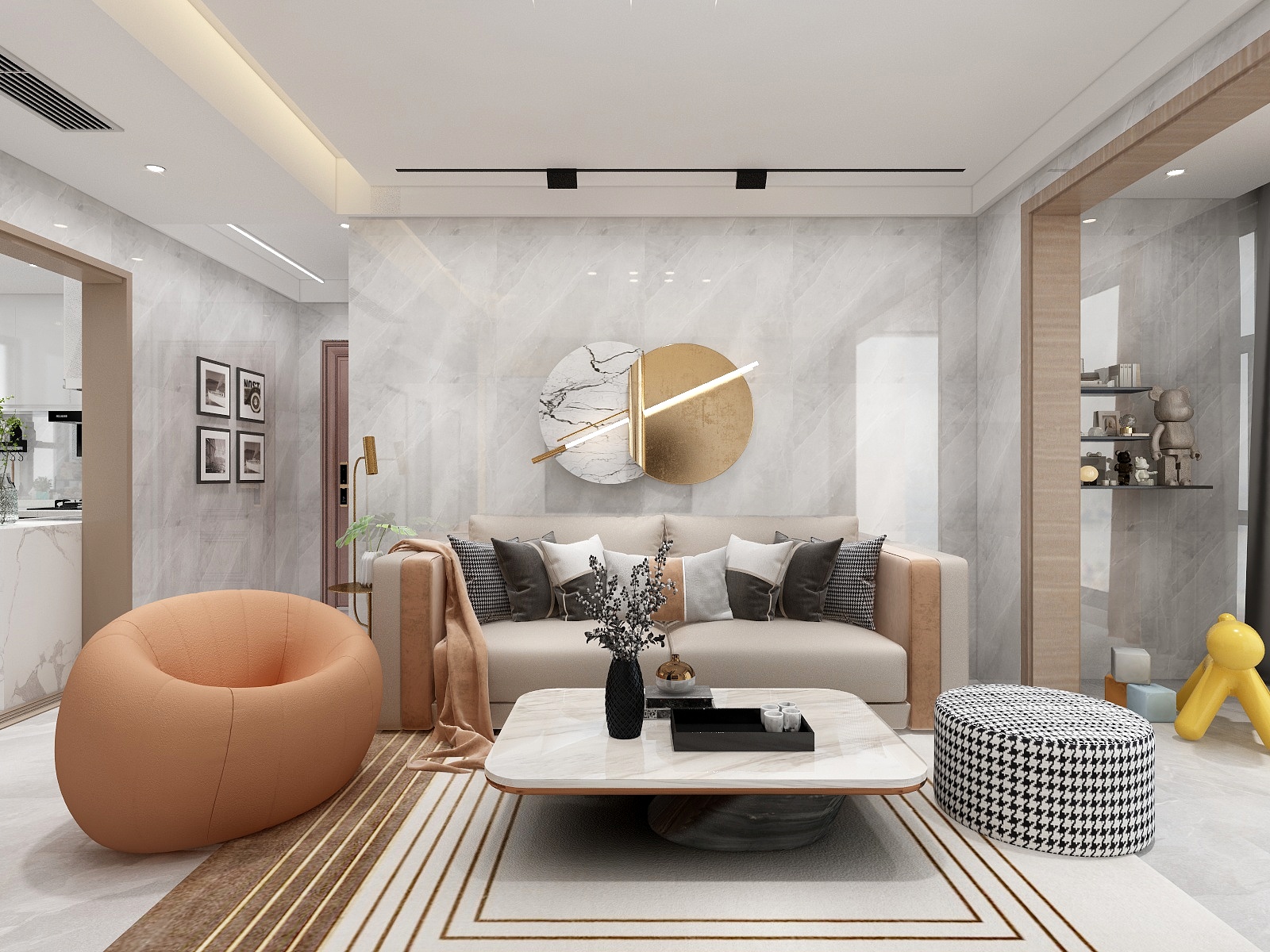 湛智华-现代轻奢119平4房电视墙瓷砖上墙超大气,效果大气又轻奢装修效果图