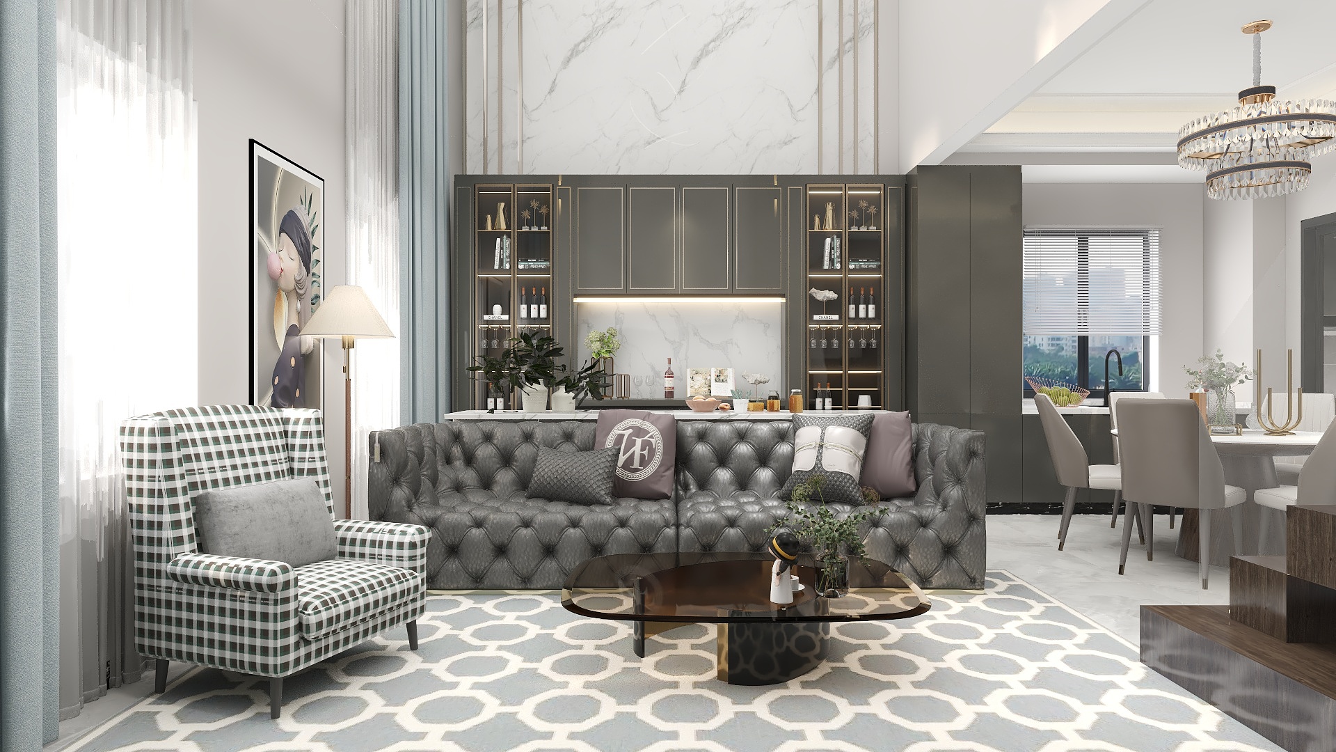 一品设计YP-美式客餐厅装修效果图