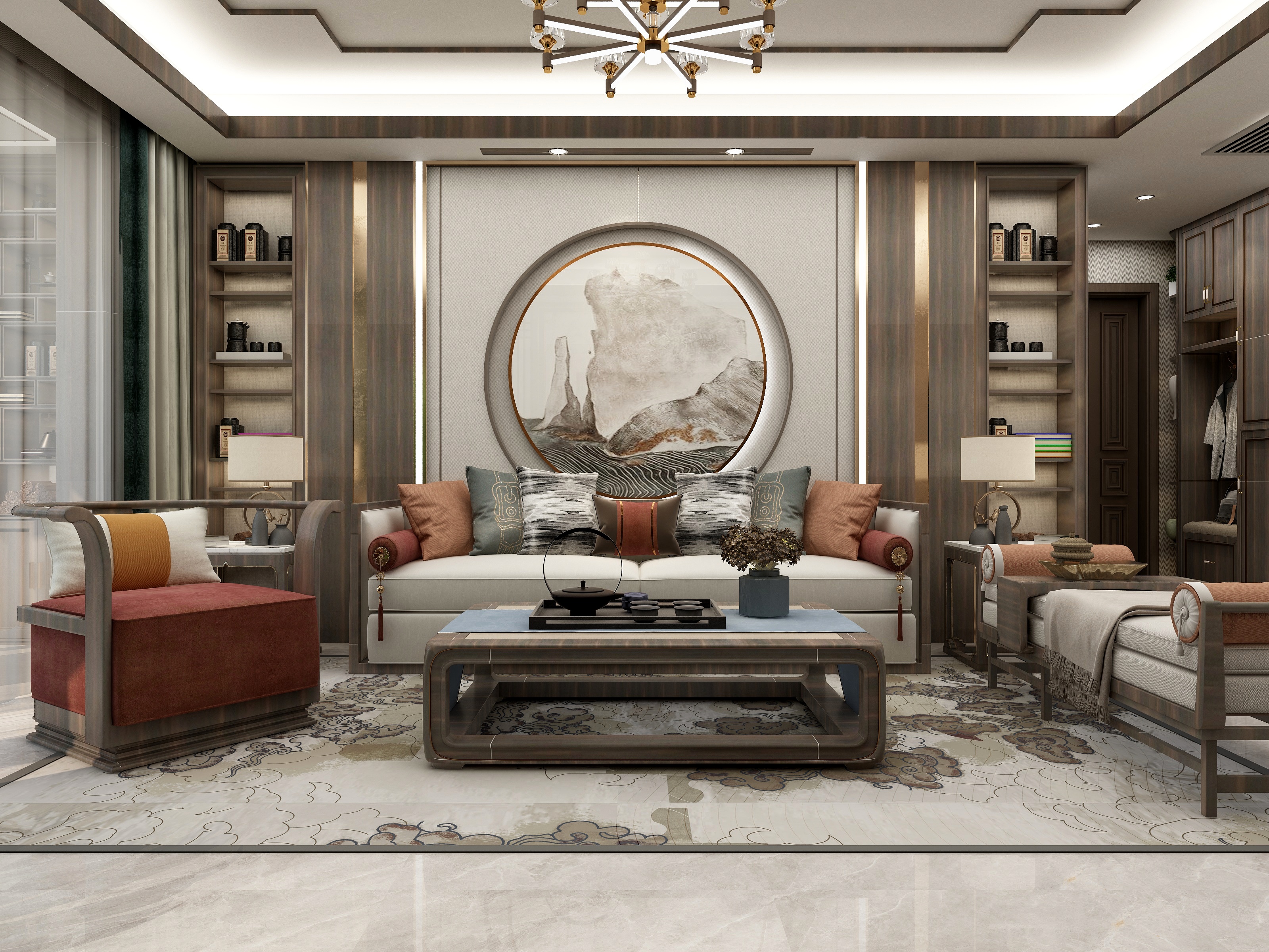 张旭-141平米新中式三室一厅装修效果图