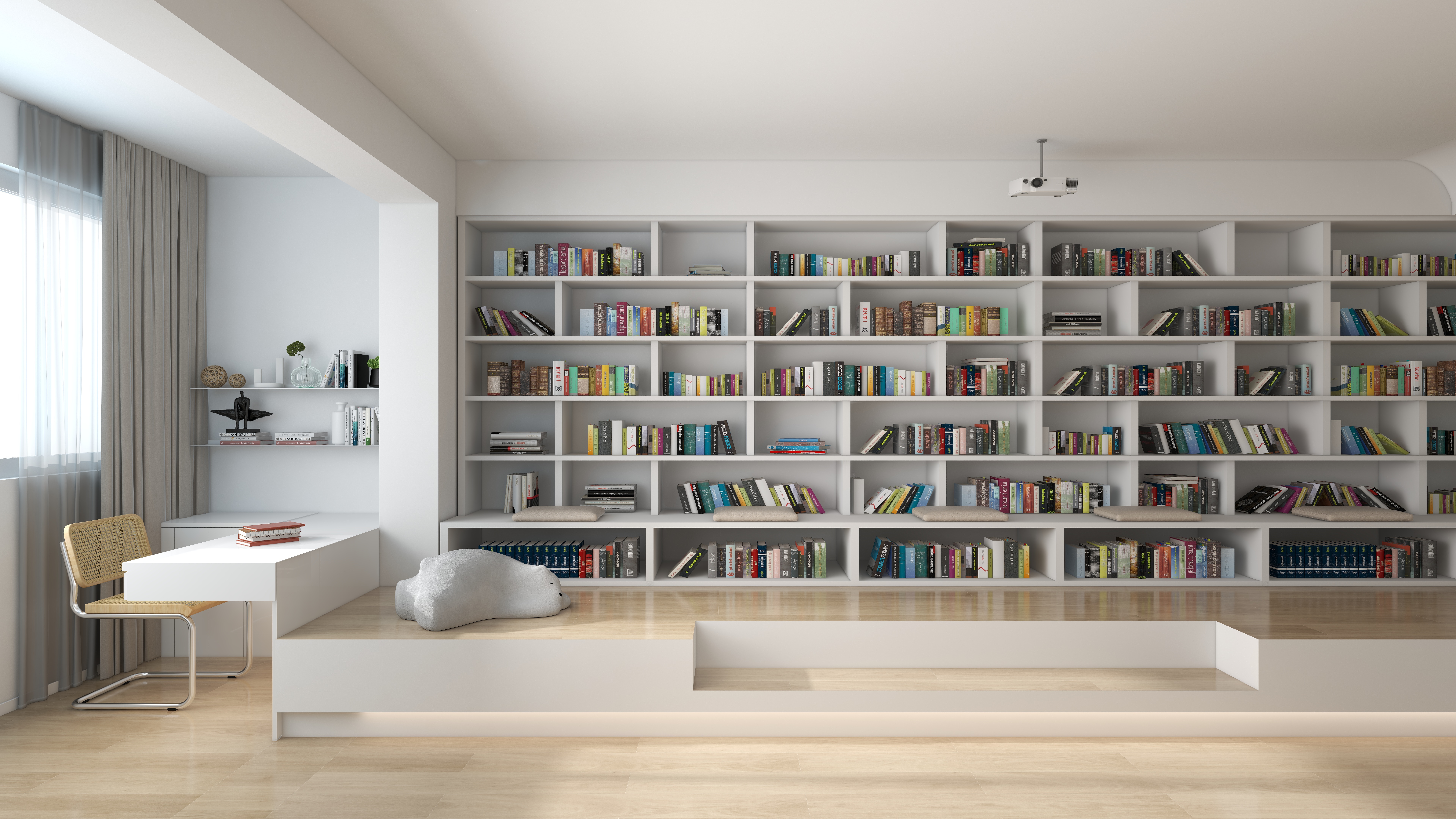 桉遇设计事务所-客厅满书柜现代奶油风设计-装修设计方案