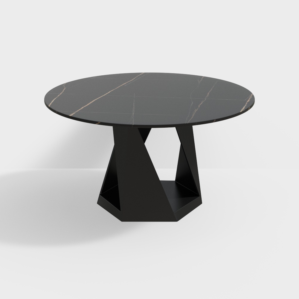 Mhexagon mesa de comedor clásica redonda negra con parte superior de piedra sinterizada y base de acero al carbono