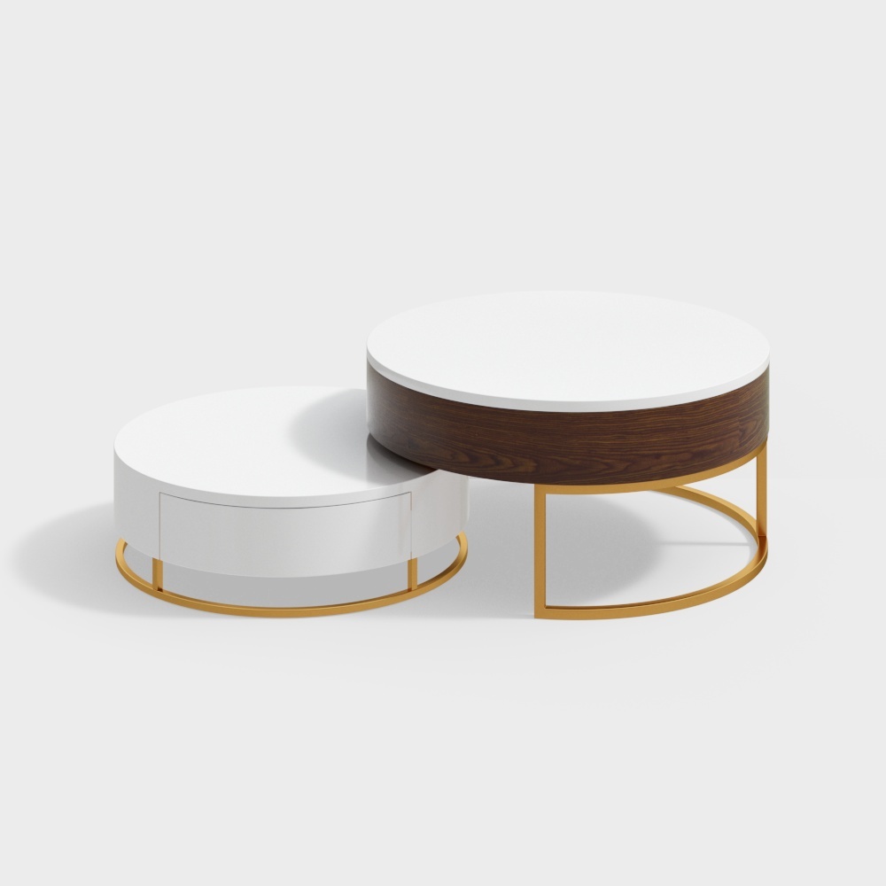 Nesnesis Modern Round Wood Lift-top Nesting Coffee Table Rotatable Drawer White & Walnut
