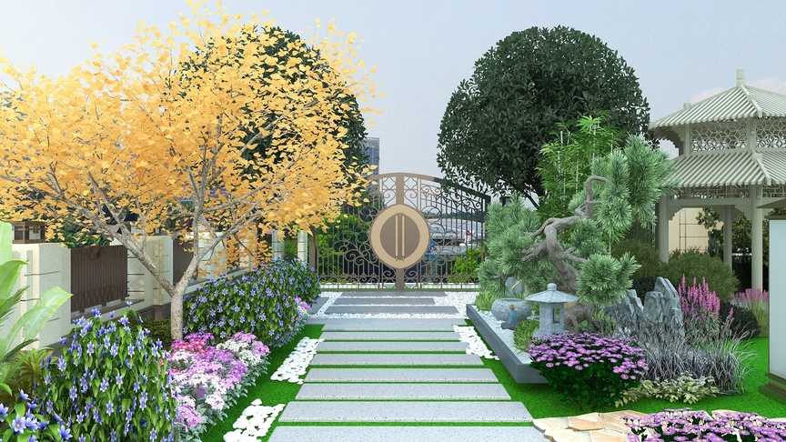 这是一个3D渲染的中式庭院景观，场景整体呈现出一种宁静致远的意境。从左到右，首先是迎面而来的步行石板路，路的两侧种植了矮矮的石竹，石竹开出了粉色和紫色的花朵，旁边还种植了一排黄色的树，树冠形态各异。步行石板路的尽头是一个装饰性的围栏，围栏上有一个圆形的装饰牌，上面写着金色的诗句。绕过围栏，映入眼帘的是一个圆形的水池，水池中有一座小石桥和一颗苍天大树，树的右侧是一颗造型独特的松树，左侧则是一颗造型独特的竹树。水池的右侧有一个亭子，亭子的前面种植了一排紫薇花，整个场景的设计非常有层次感和艺术感。