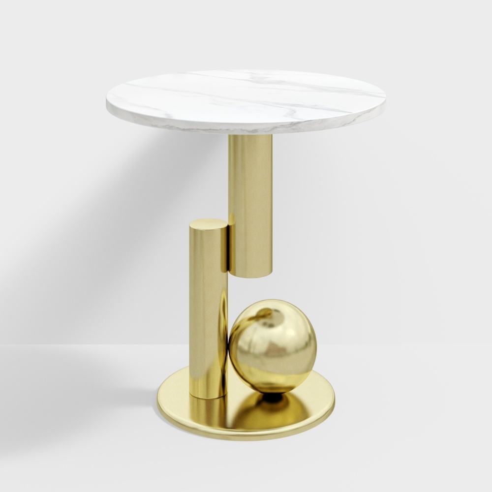 Modern White End Table Round Marble Stone Top with Abstract Metal Base