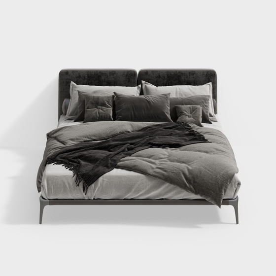 Contemporary Black Leather Double Bed 3D Model from Italy