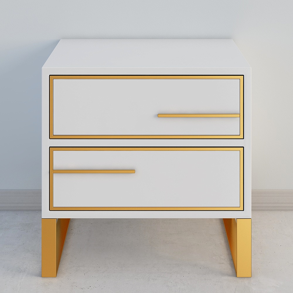 Modern White Nightstand Lacquered 2-Drawer with Golden Stainless Steel Legs
