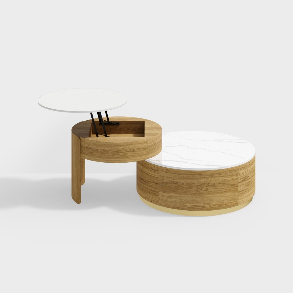 Mesa de centro redonda moderna con tapa de almacenamiento, mesa de centro de madera y piedra con 2 cajones