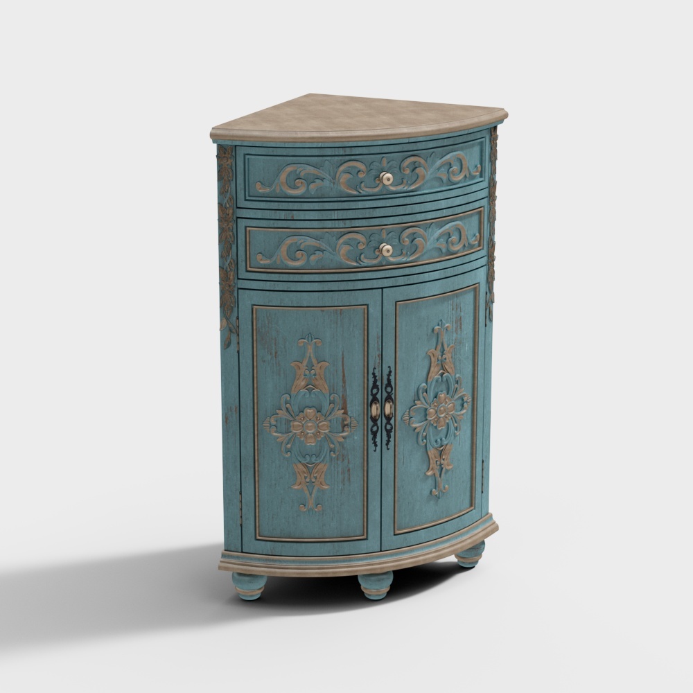 Carind Antiker dreieckiger Holzakzentschrank mit 2 Türen und 2 Schubladen in Blau